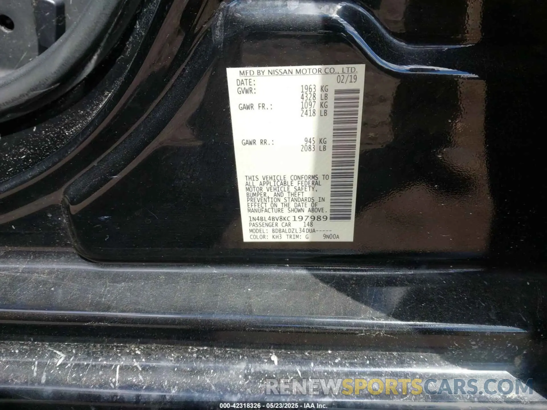 9 fotografías del automóvil dañado 1N4BL4BV8KC197989 NISSAN ALTIMA 2019