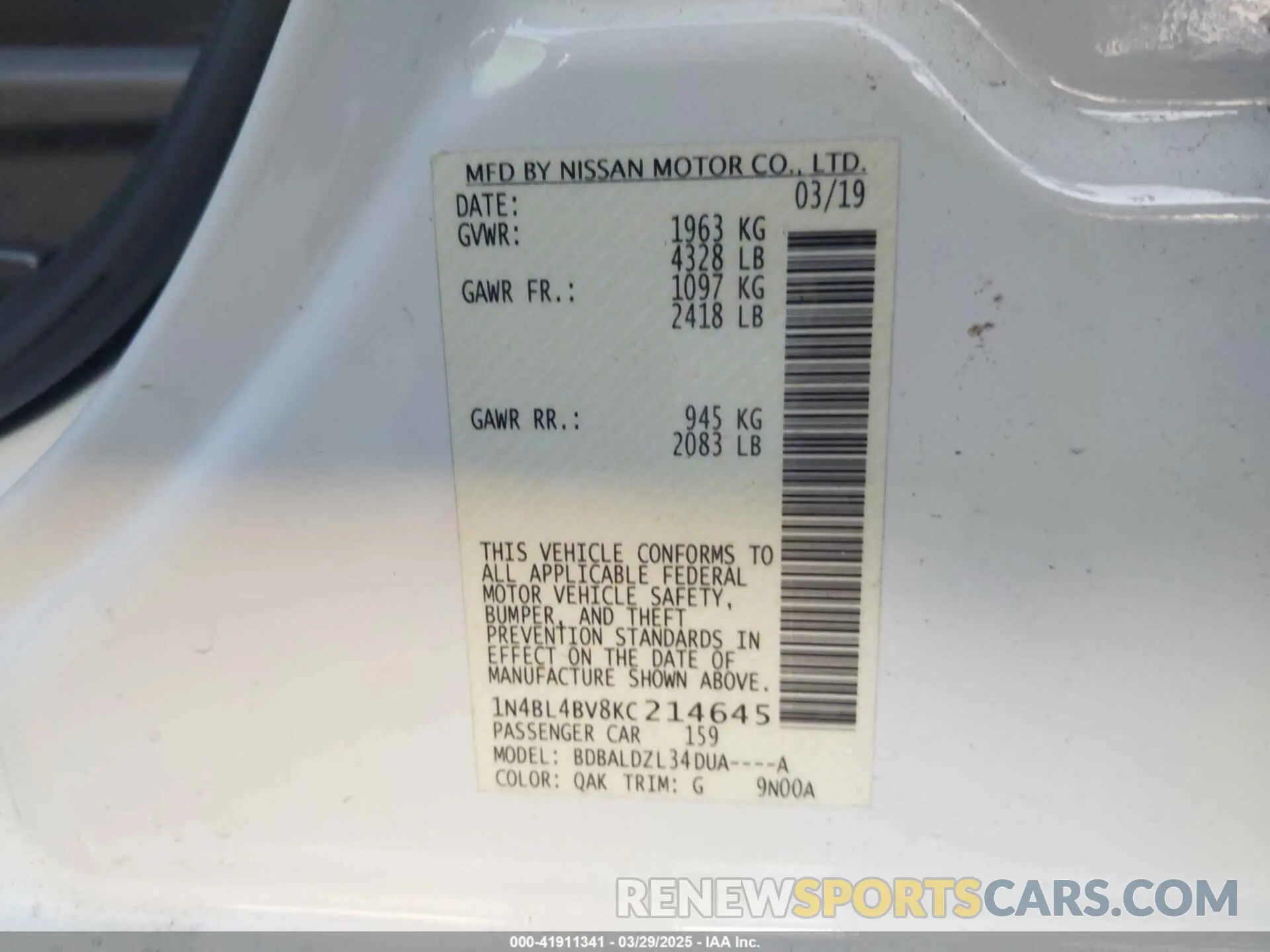 9 fotografías del automóvil dañado 1N4BL4BV8KC214645 NISSAN ALTIMA 2019