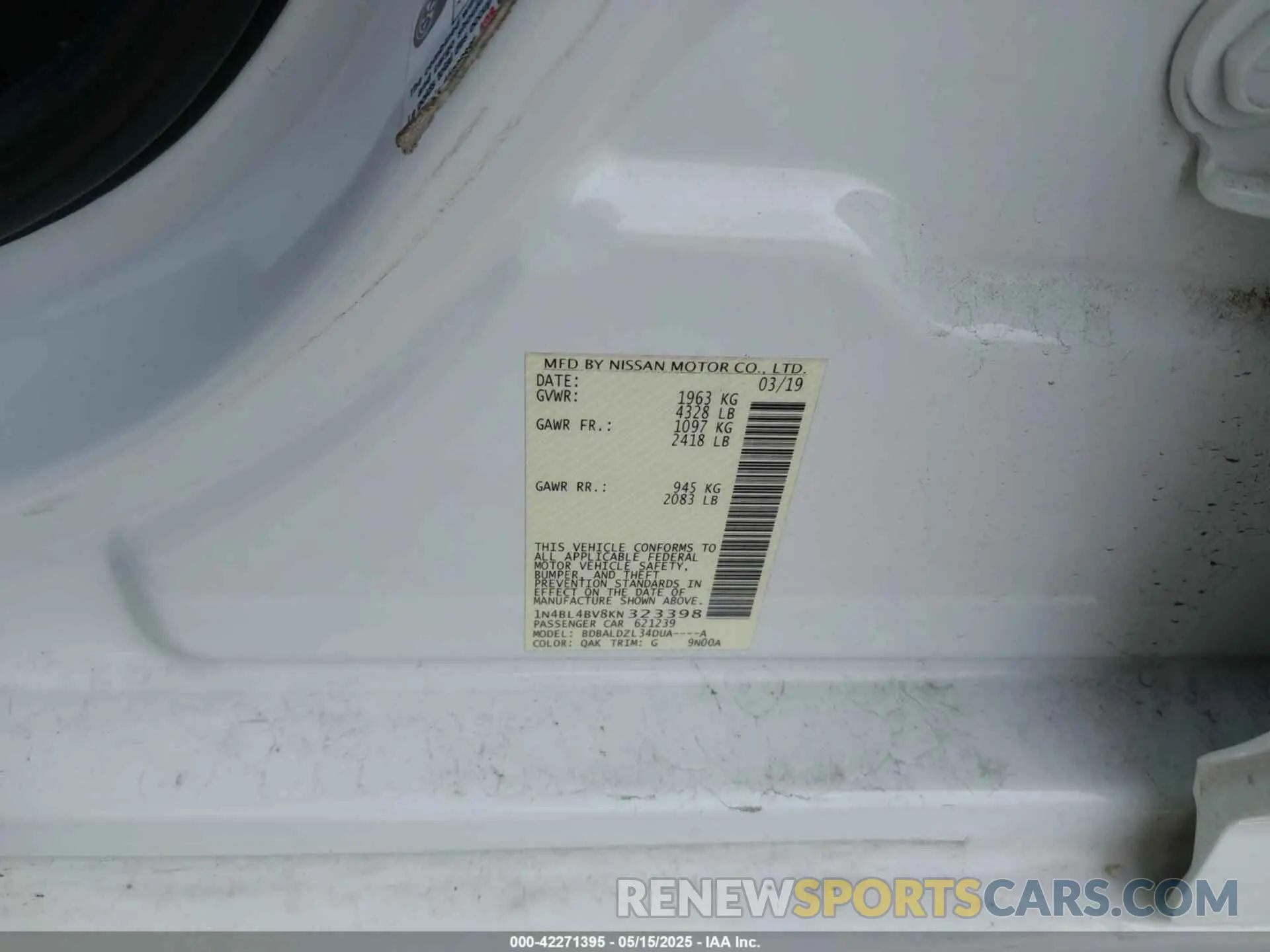 9 fotografías del automóvil dañado 1N4BL4BV8KN323398 NISSAN ALTIMA 2019