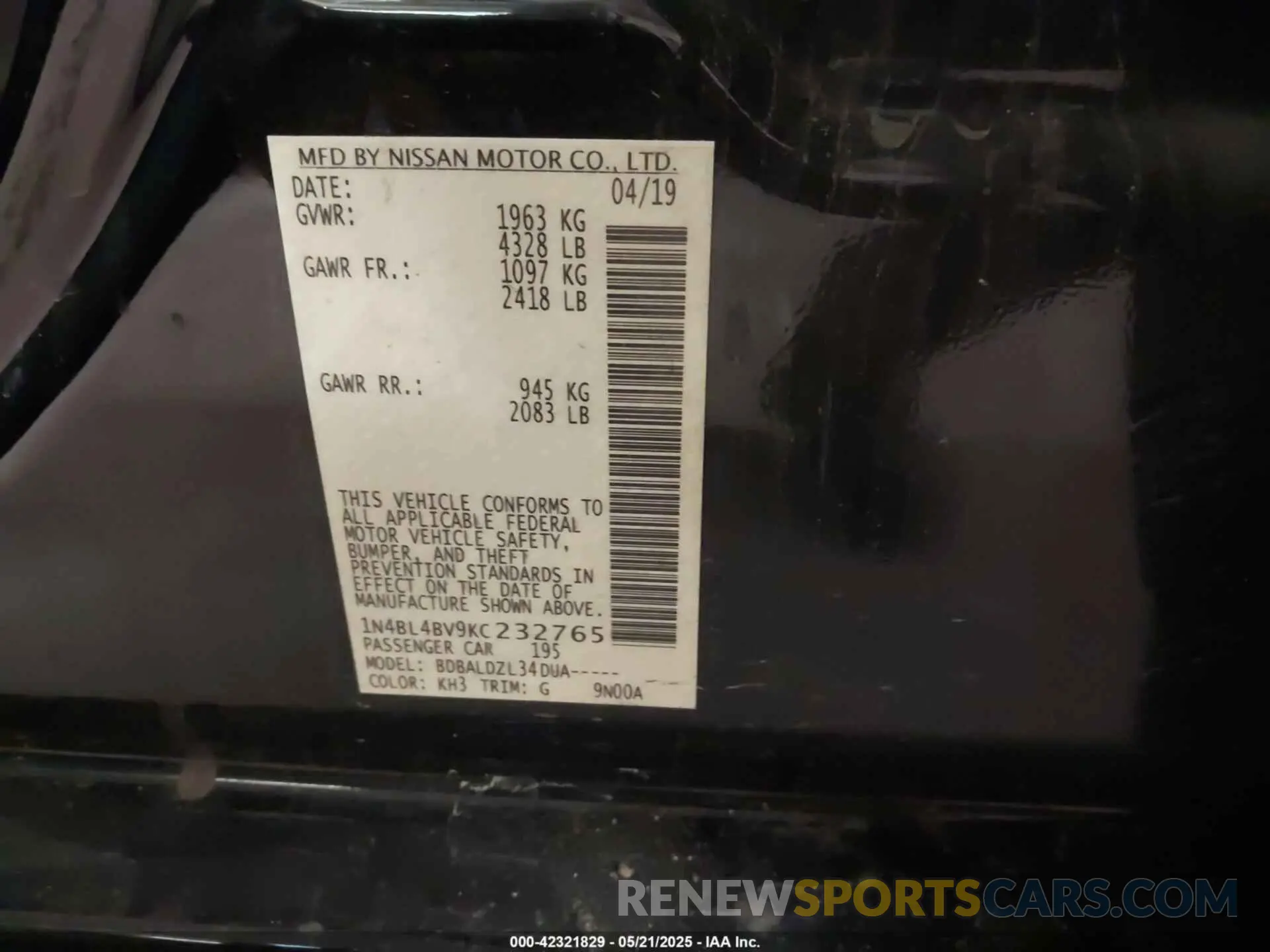 9 fotografías del automóvil dañado 1N4BL4BV9KC232765 NISSAN ALTIMA 2019