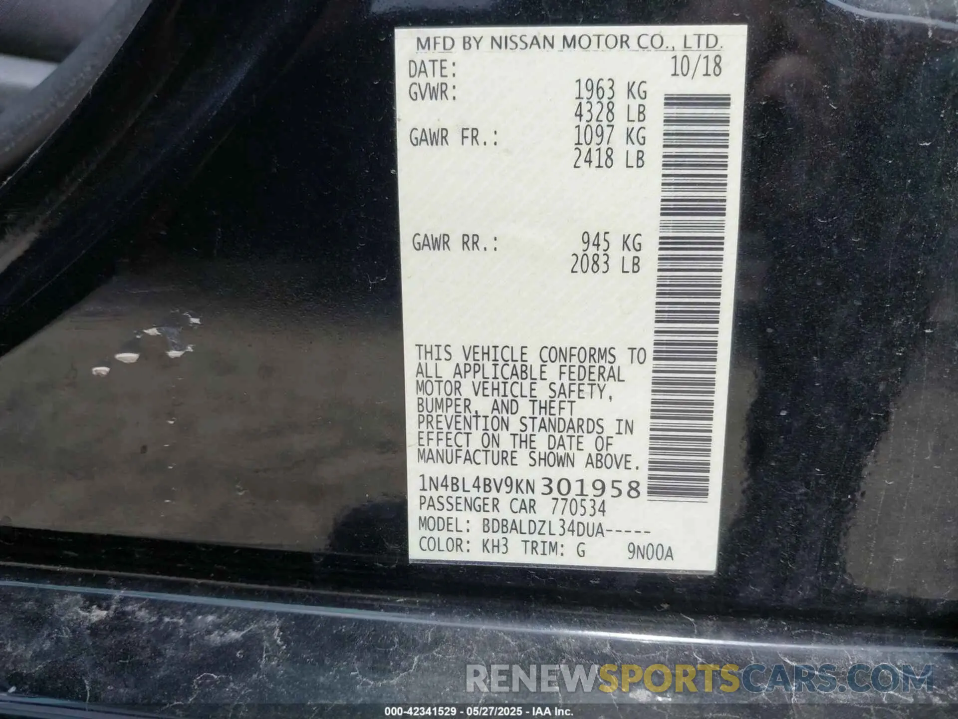 9 fotografías del automóvil dañado 1N4BL4BV9KN301958 NISSAN ALTIMA 2019