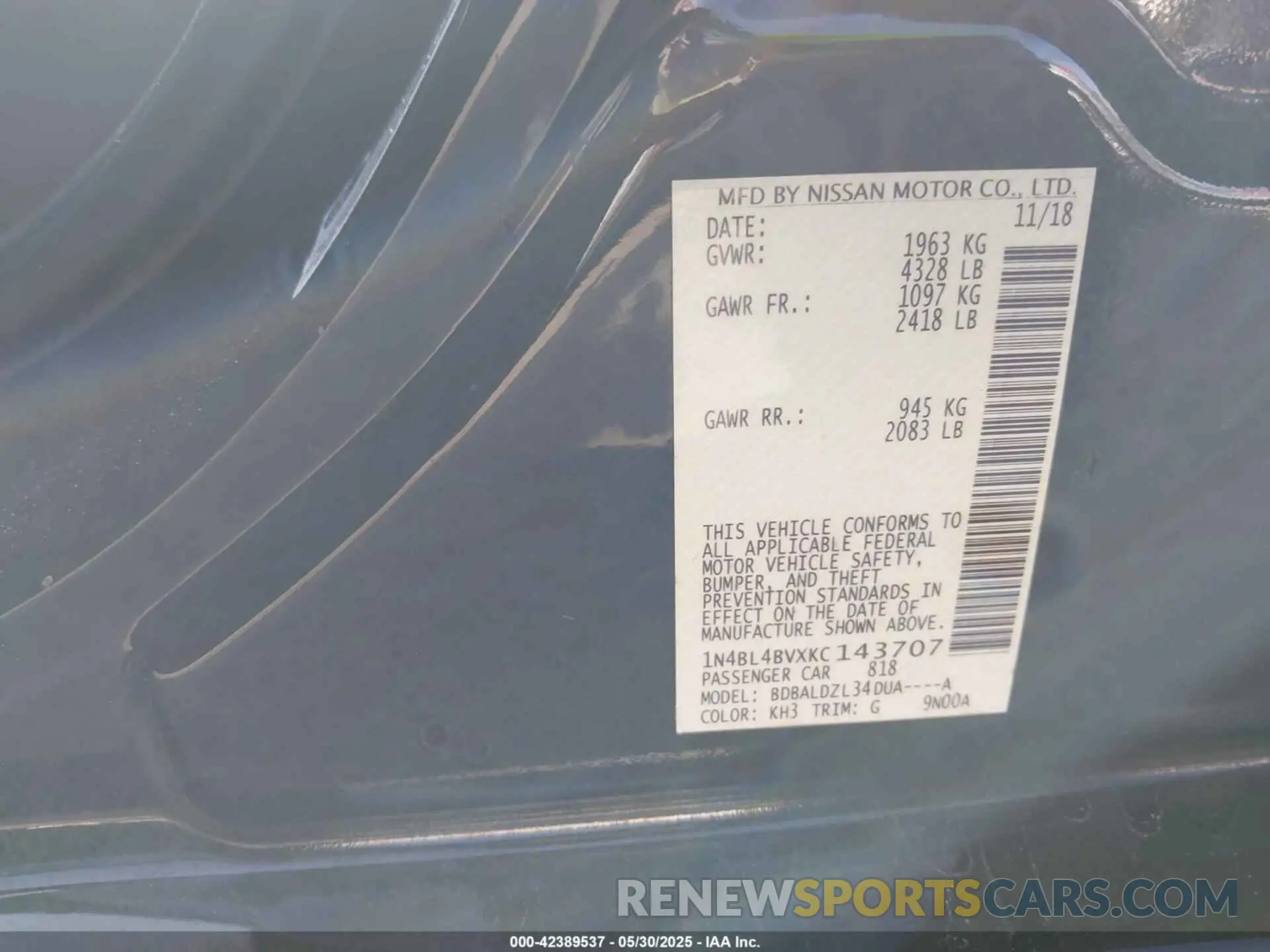 9 fotografías del automóvil dañado 1N4BL4BVXKC143707 NISSAN ALTIMA 2019