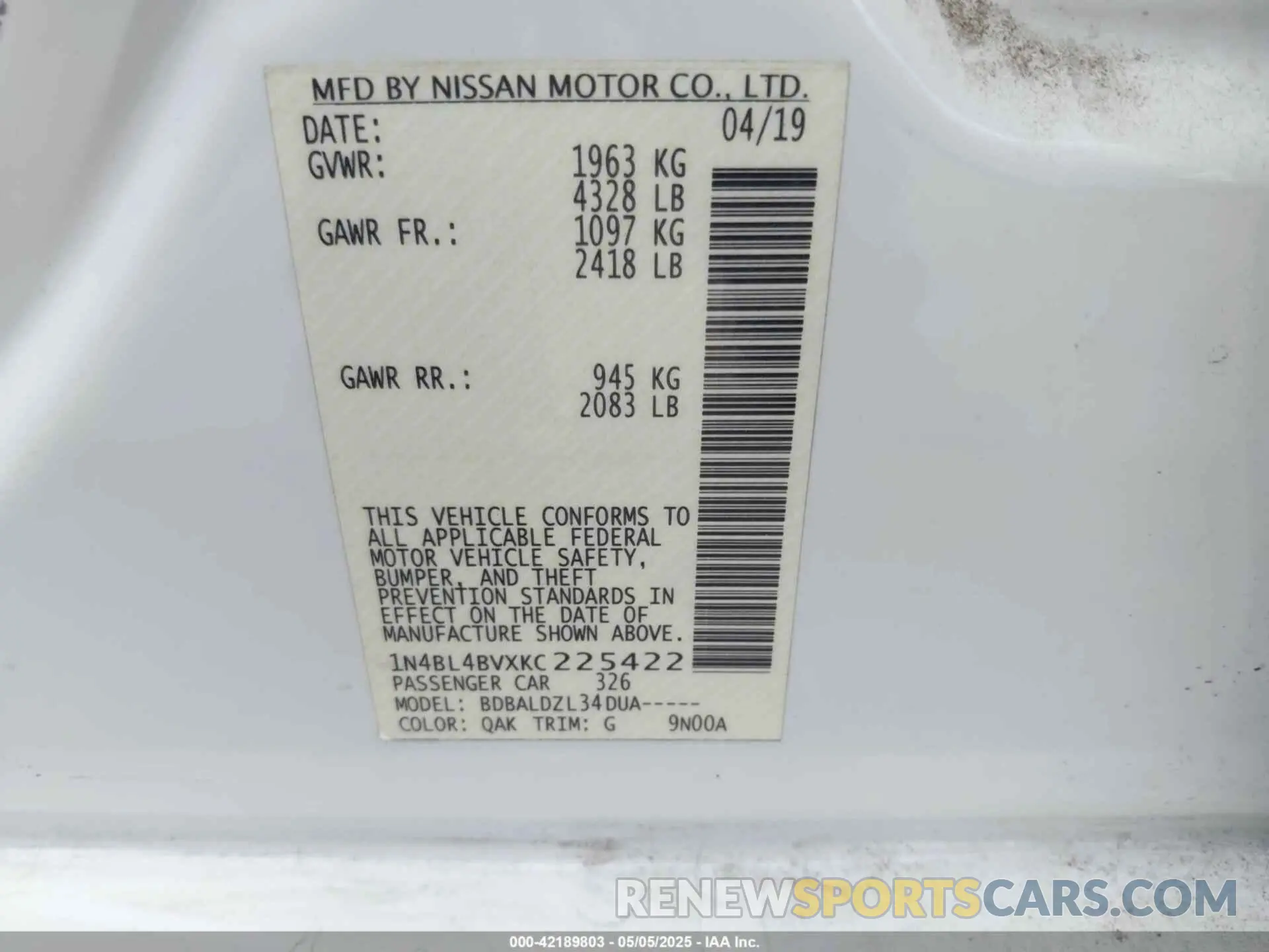 9 fotografías del automóvil dañado 1N4BL4BVXKC225422 NISSAN ALTIMA 2019
