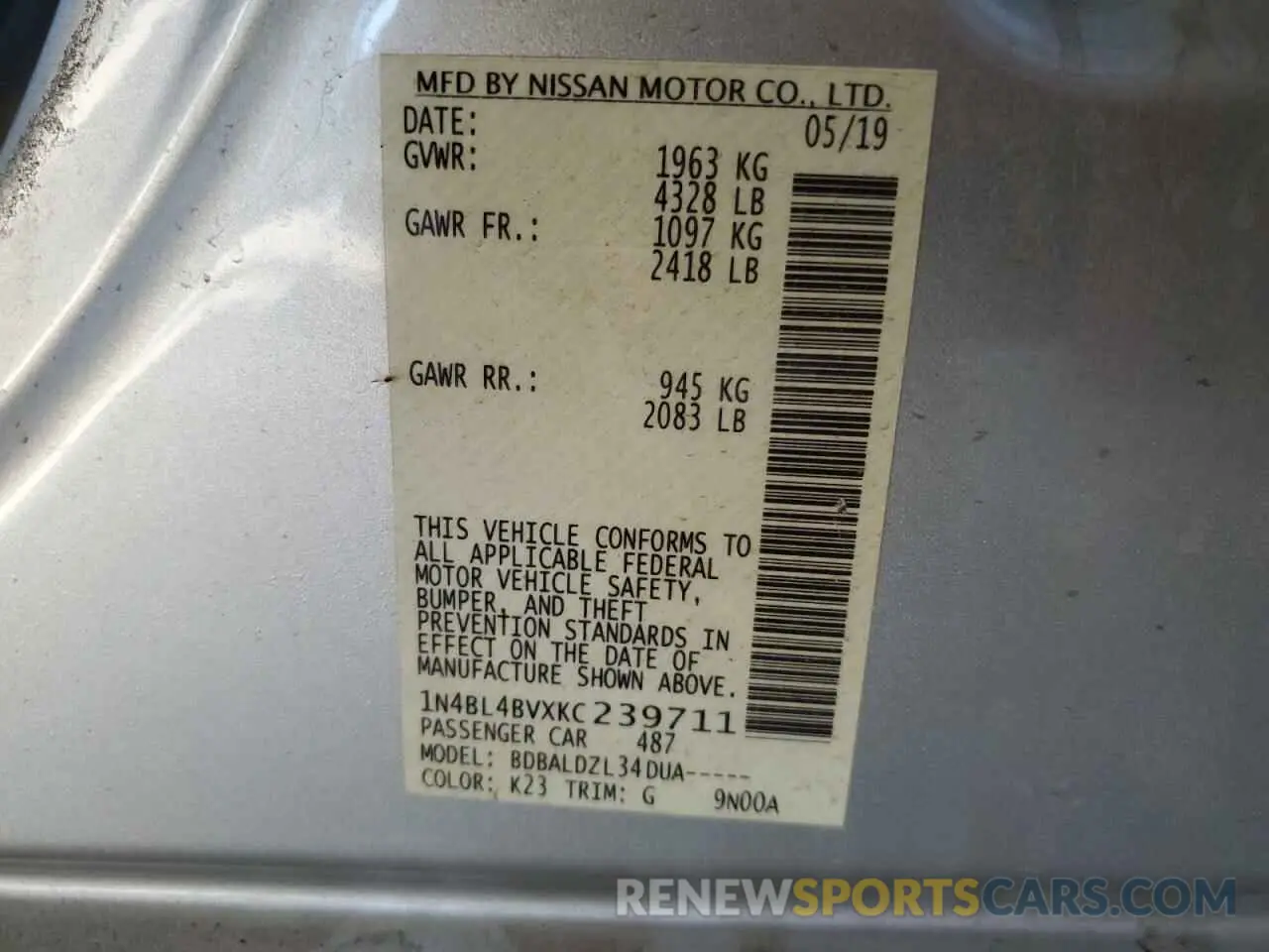 14 fotografías del automóvil dañado 1N4BL4BVXKC239711 NISSAN ALTIMA 2019