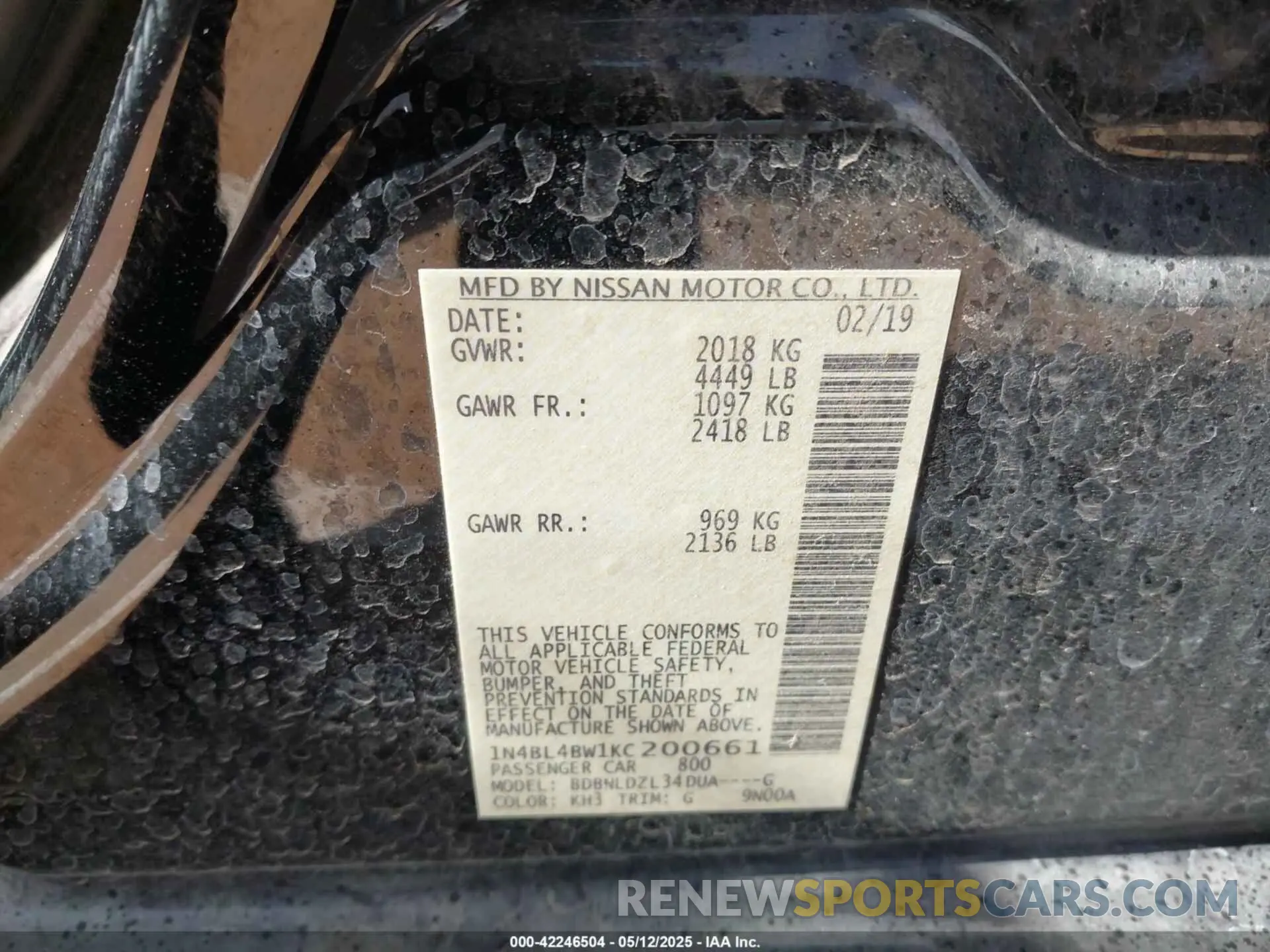 9 fotografías del automóvil dañado 1N4BL4BW1KC200661 NISSAN ALTIMA 2019