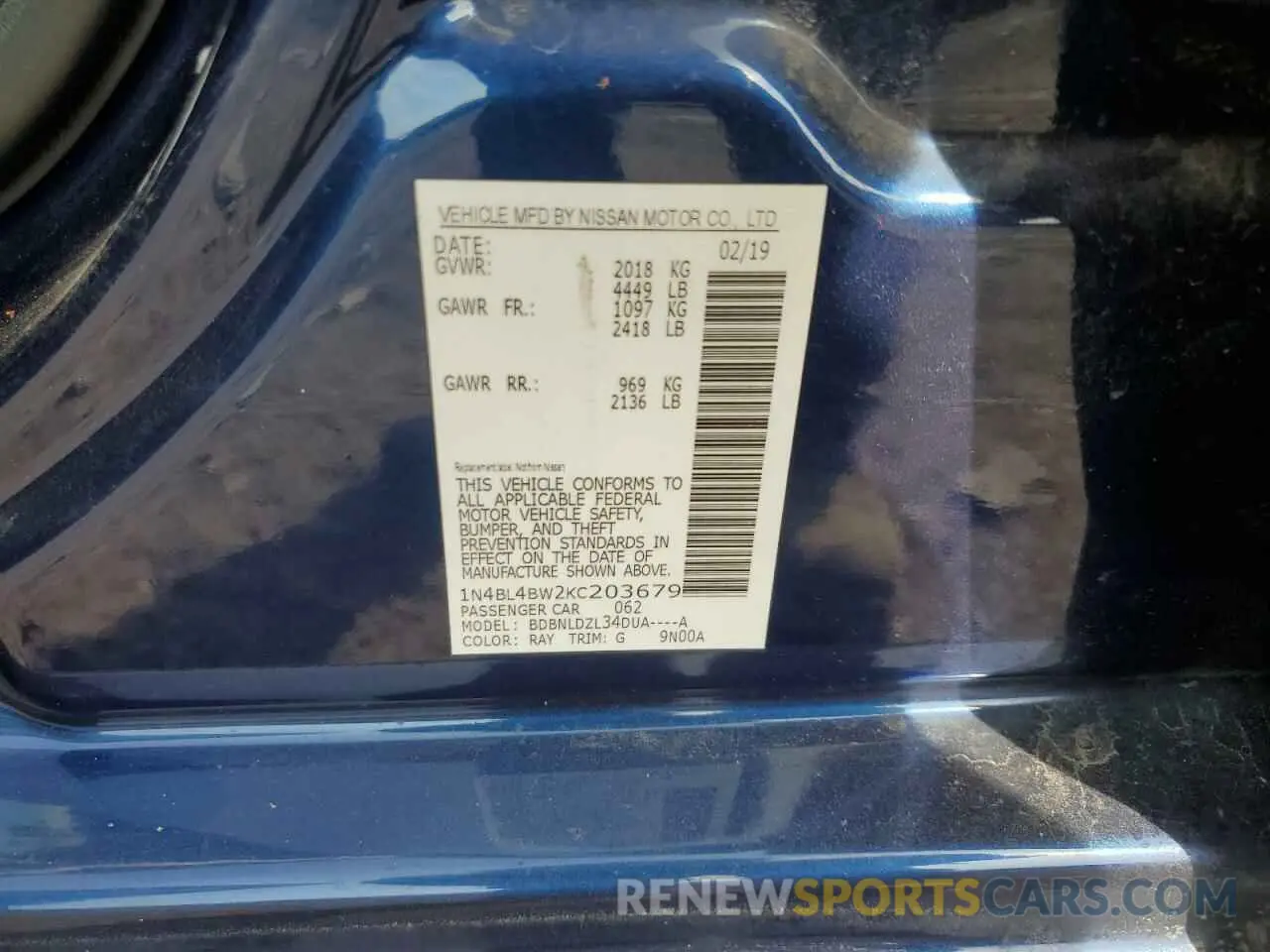 12 fotografías del automóvil dañado 1N4BL4BW2KC203679 NISSAN ALTIMA 2019