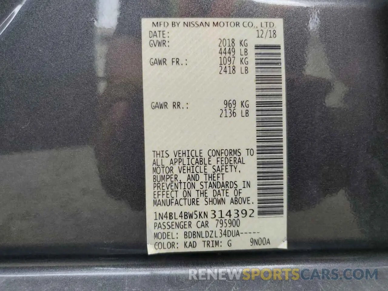 14 fotografías del automóvil dañado 1N4BL4BW5KN314392 NISSAN ALTIMA 2019