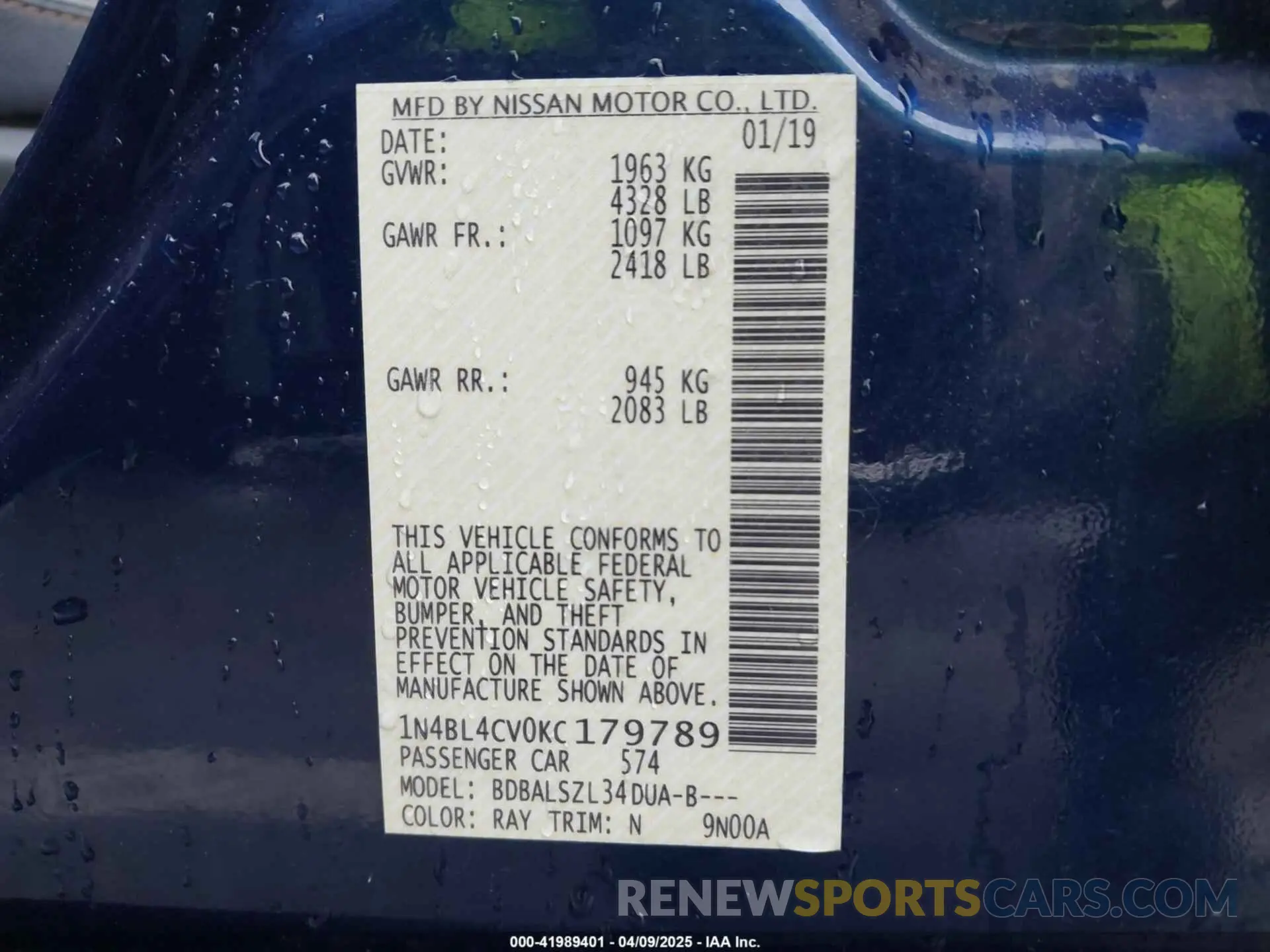 9 fotografías del automóvil dañado 1N4BL4CV0KC179789 NISSAN ALTIMA 2019