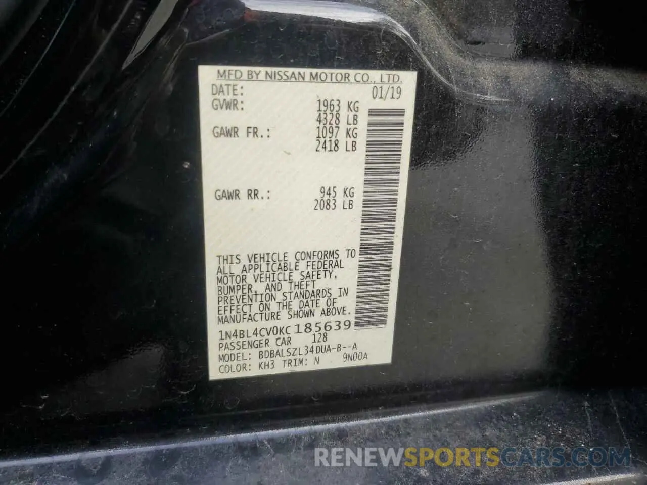 12 fotografías del automóvil dañado 1N4BL4CV0KC185639 NISSAN ALTIMA 2019