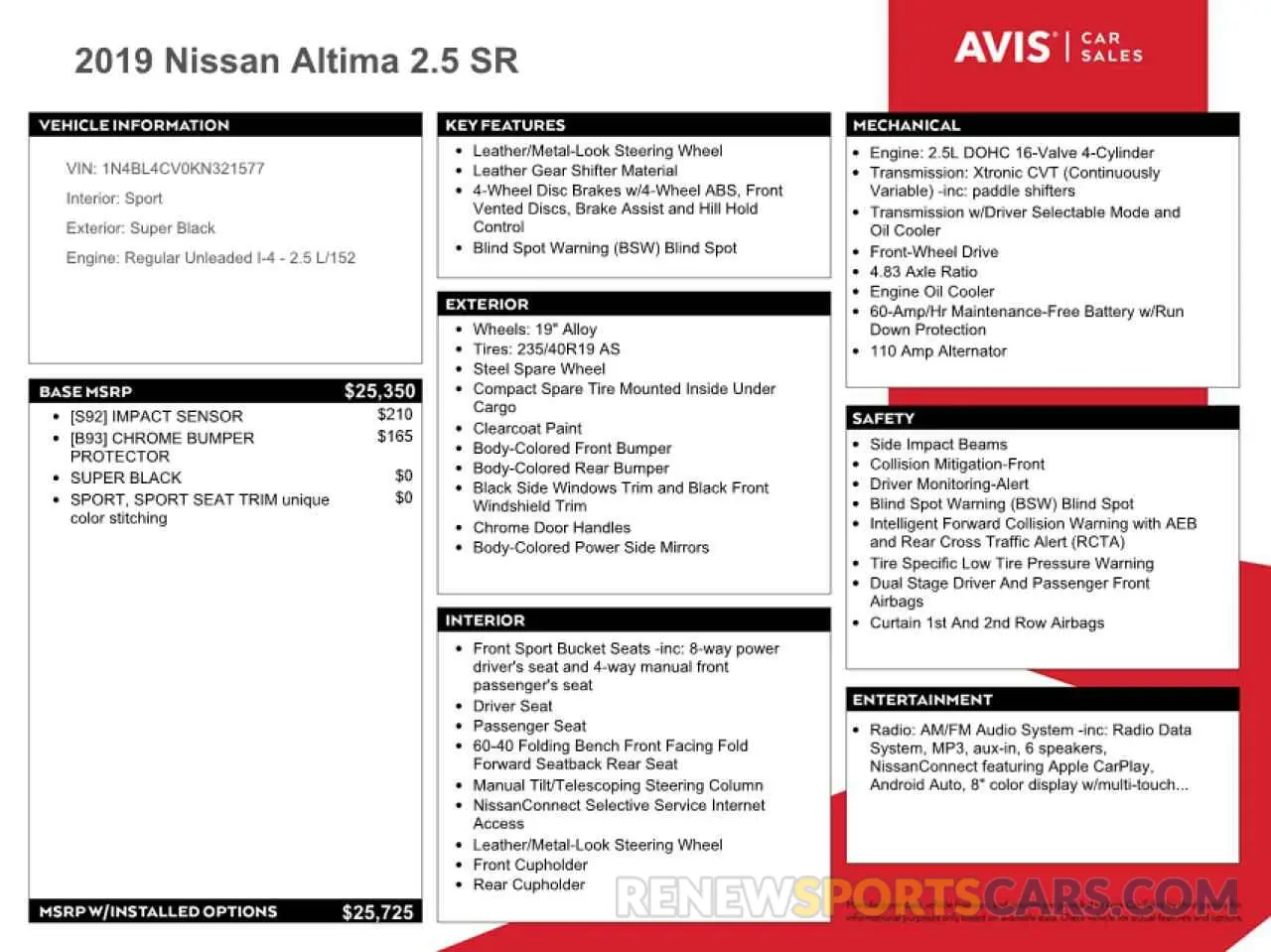 12 fotografías del automóvil dañado 1N4BL4CV0KN321577 NISSAN ALTIMA 2019