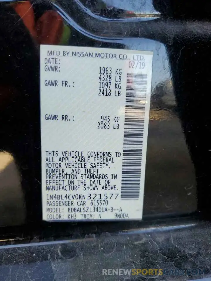 13 fotografías del automóvil dañado 1N4BL4CV0KN321577 NISSAN ALTIMA 2019