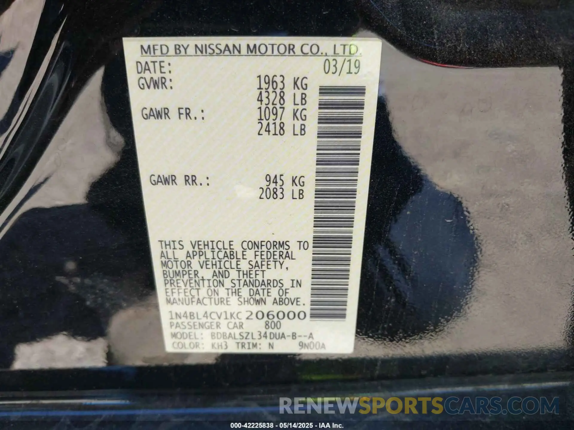 9 fotografías del automóvil dañado 1N4BL4CV1KC206000 NISSAN ALTIMA 2019