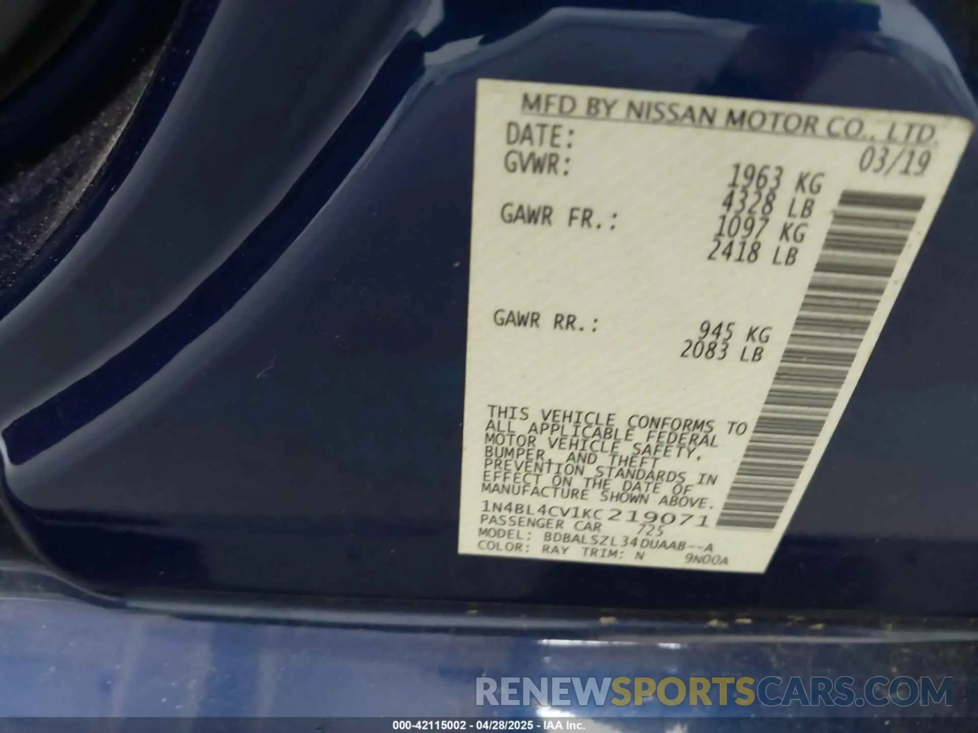 9 fotografías del automóvil dañado 1N4BL4CV1KC219071 NISSAN ALTIMA 2019