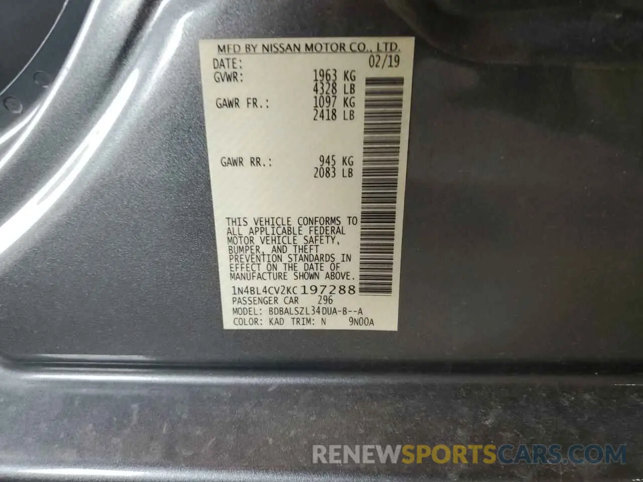 12 fotografías del automóvil dañado 1N4BL4CV2KC197288 NISSAN ALTIMA 2019
