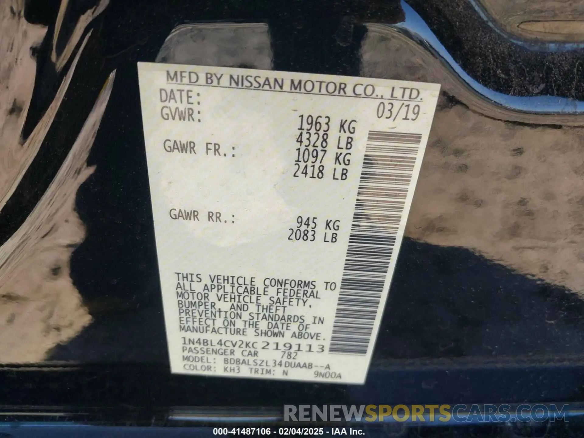 9 fotografías del automóvil dañado 1N4BL4CV2KC219113 NISSAN ALTIMA 2019