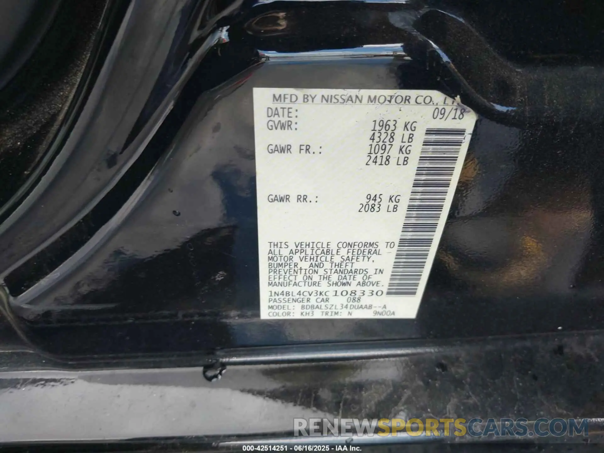 9 fotografías del automóvil dañado 1N4BL4CV3KC108330 NISSAN ALTIMA 2019