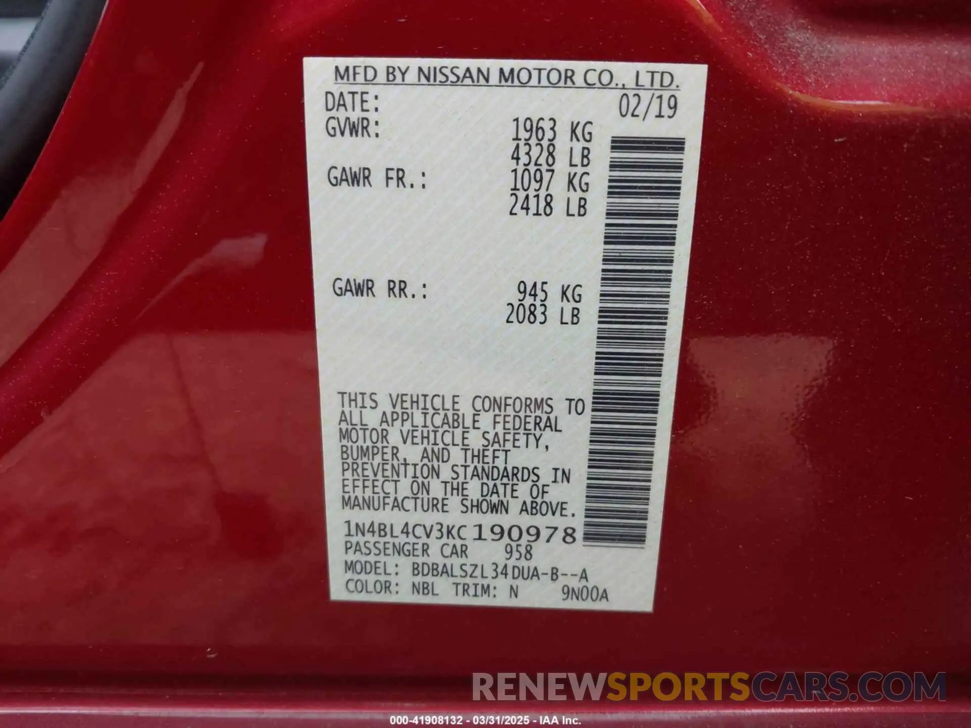 9 fotografías del automóvil dañado 1N4BL4CV3KC190978 NISSAN ALTIMA 2019