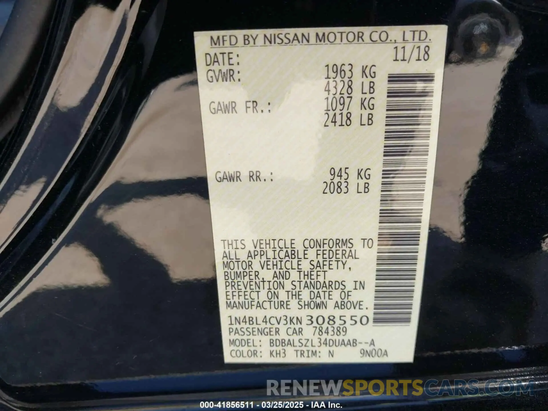 9 fotografías del automóvil dañado 1N4BL4CV3KN308550 NISSAN ALTIMA 2019