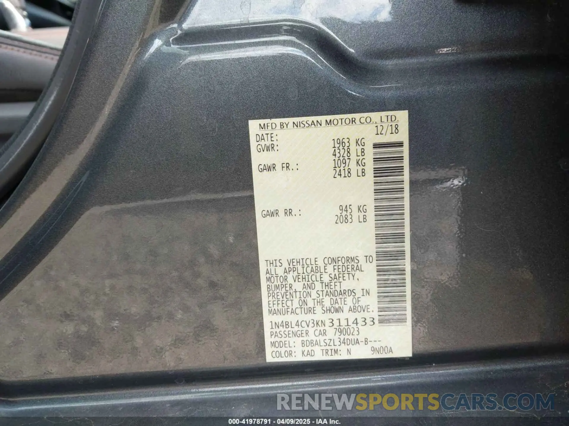 9 fotografías del automóvil dañado 1N4BL4CV3KN311433 NISSAN ALTIMA 2019