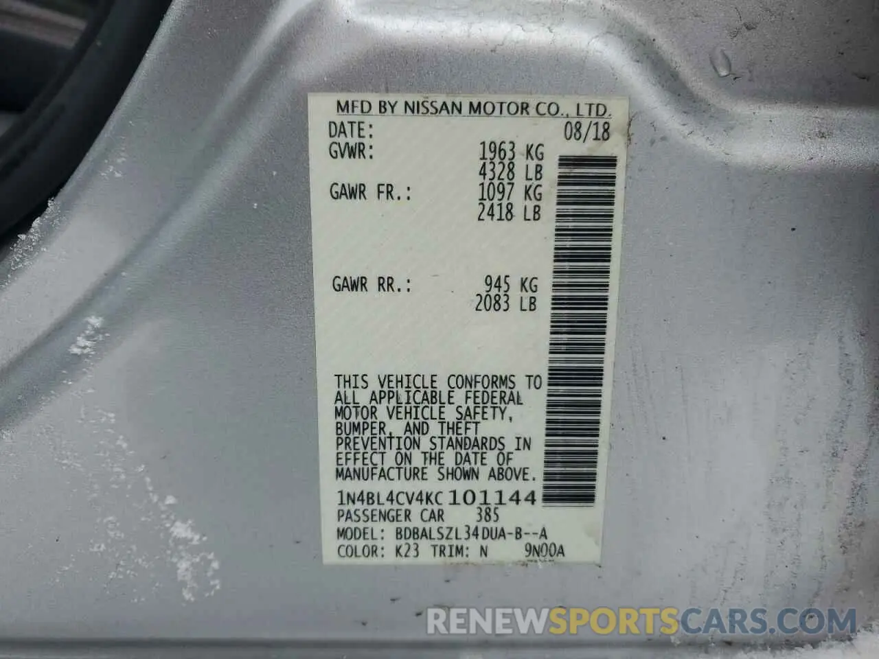 12 fotografías del automóvil dañado 1N4BL4CV4KC101144 NISSAN ALTIMA 2019