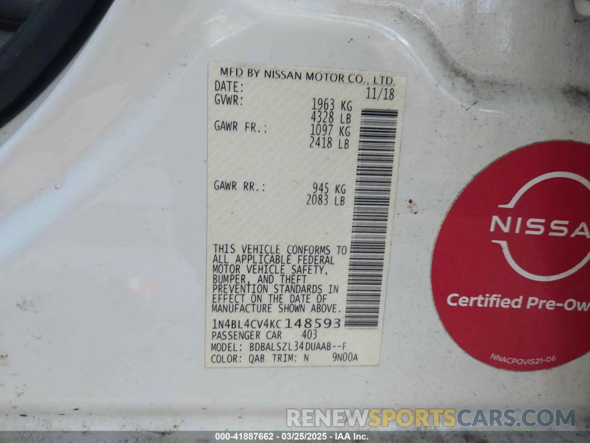9 fotografías del automóvil dañado 1N4BL4CV4KC148593 NISSAN ALTIMA 2019