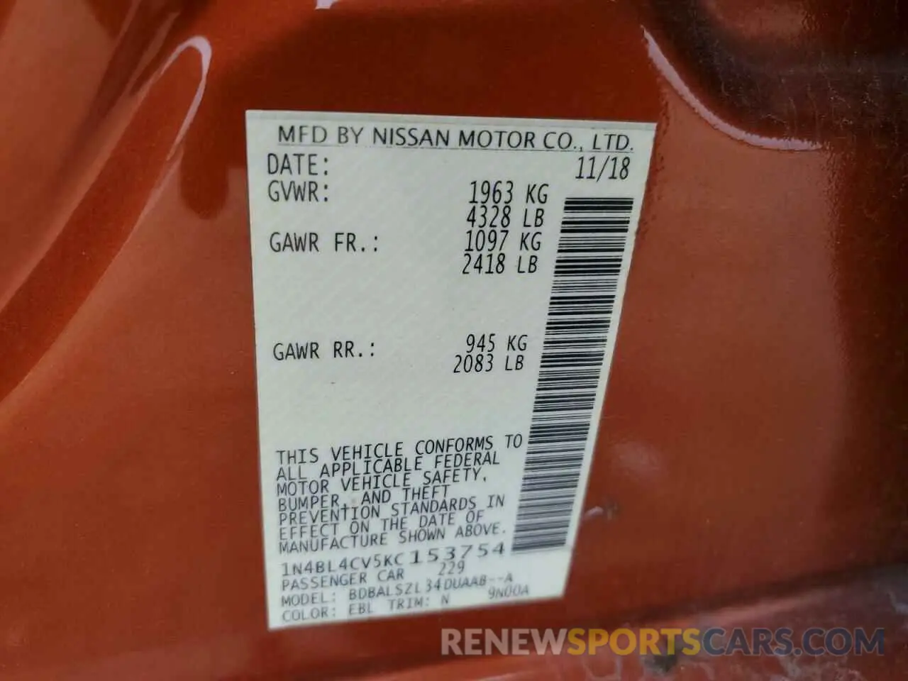 13 fotografías del automóvil dañado 1N4BL4CV5KC153754 NISSAN ALTIMA 2019