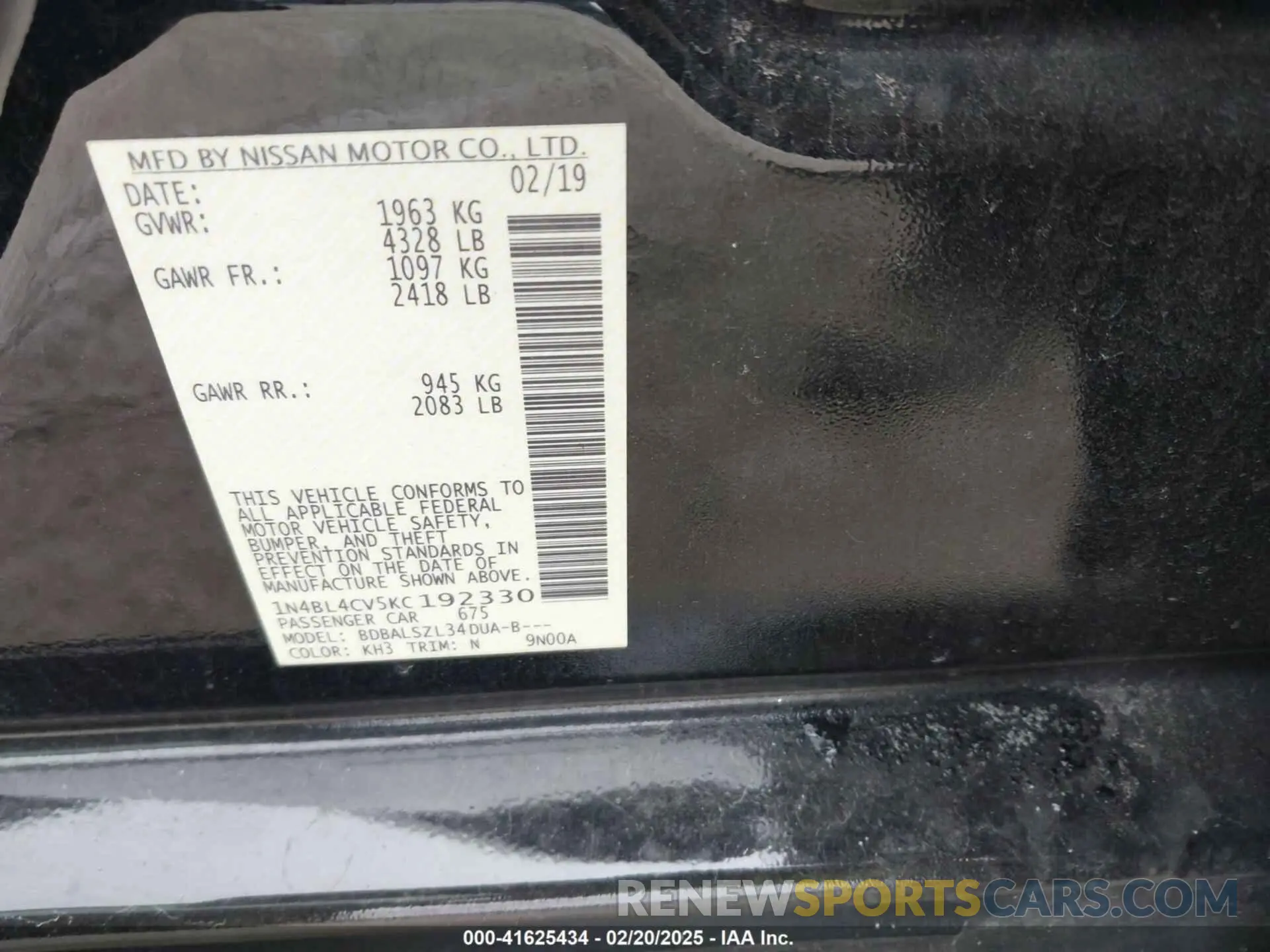 9 fotografías del automóvil dañado 1N4BL4CV5KC192330 NISSAN ALTIMA 2019