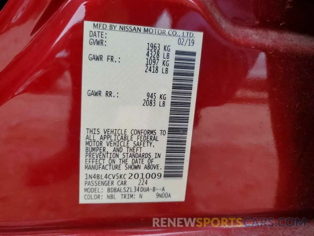 12 fotografías del automóvil dañado 1N4BL4CV5KC201009 NISSAN ALTIMA 2019