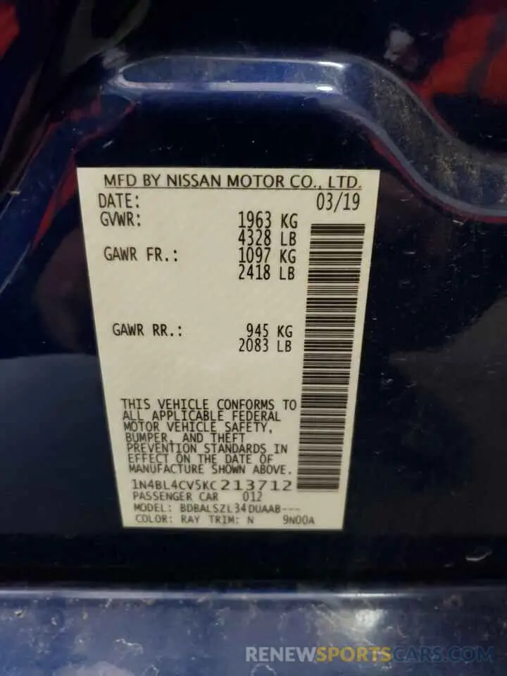 12 fotografías del automóvil dañado 1N4BL4CV5KC213712 NISSAN ALTIMA 2019
