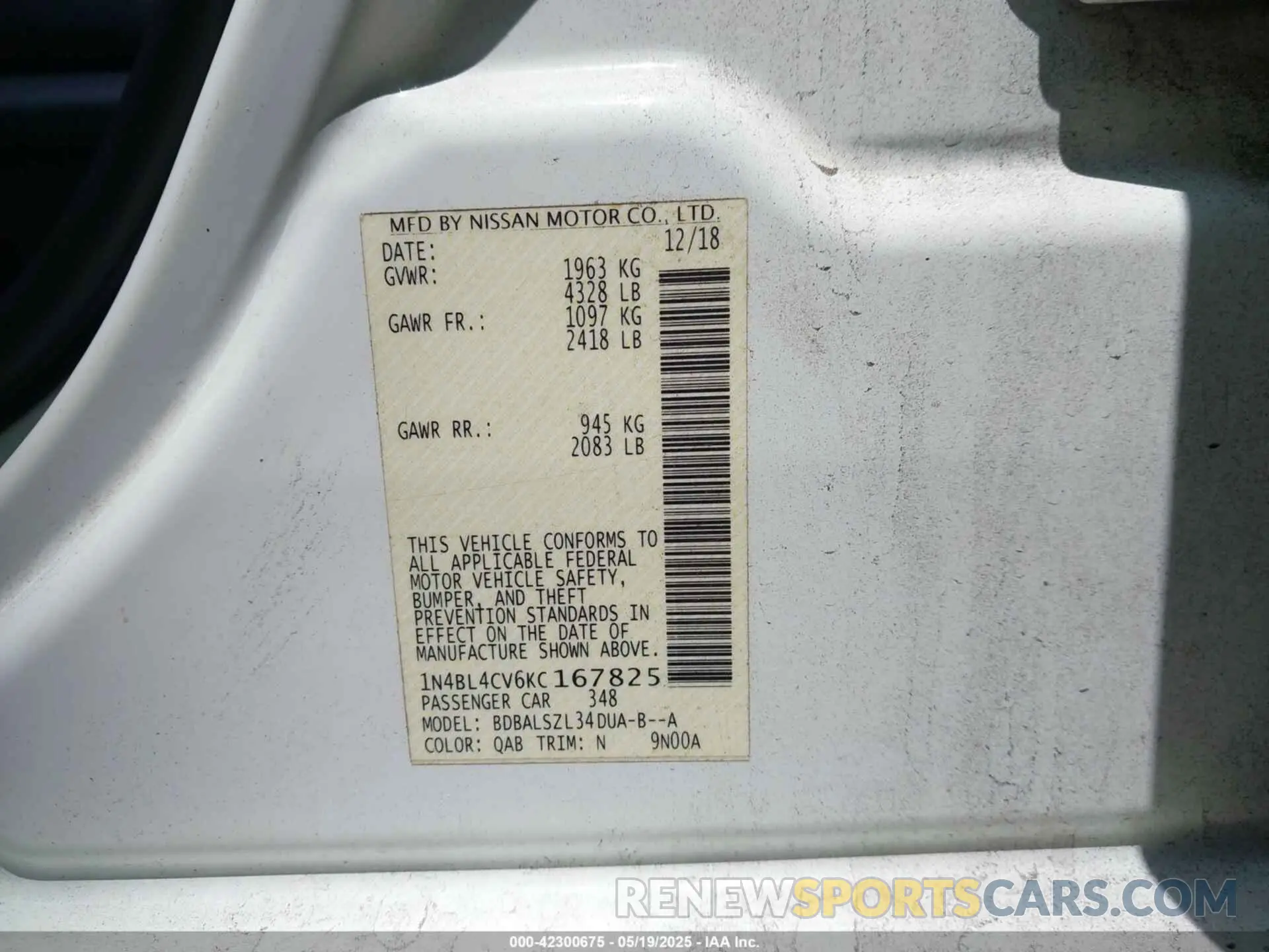 9 fotografías del automóvil dañado 1N4BL4CV6KC167825 NISSAN ALTIMA 2019