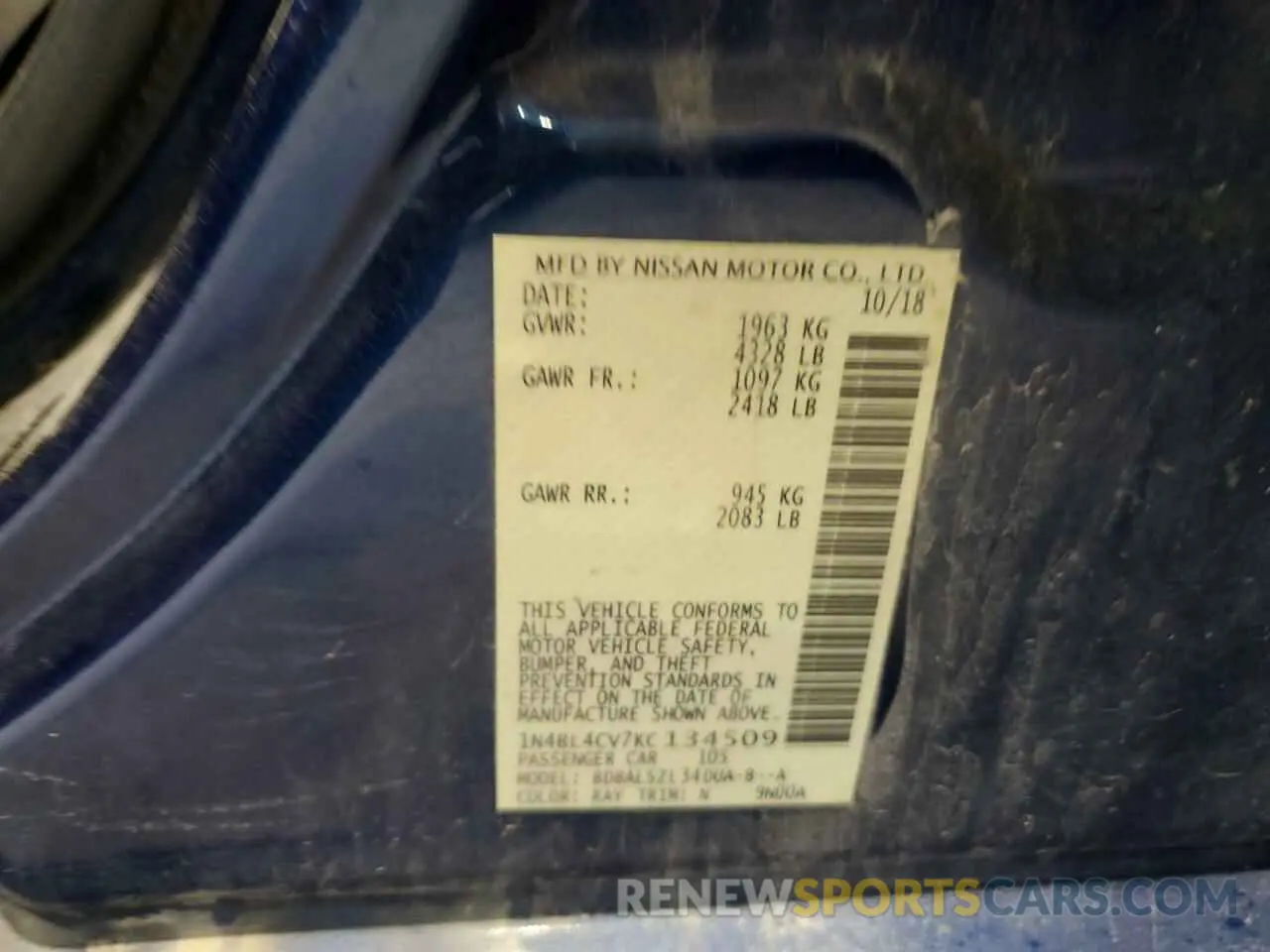 14 fotografías del automóvil dañado 1N4BL4CV7KC134509 NISSAN ALTIMA 2019