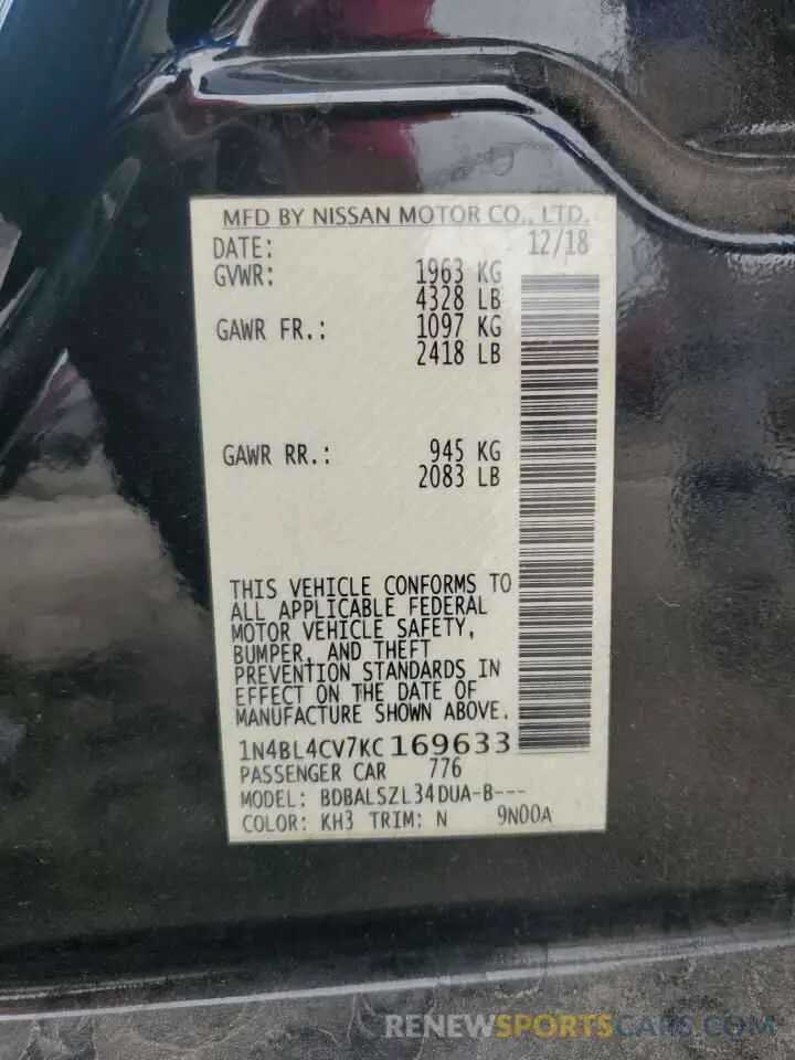12 fotografías del automóvil dañado 1N4BL4CV7KC169633 NISSAN ALTIMA 2019
