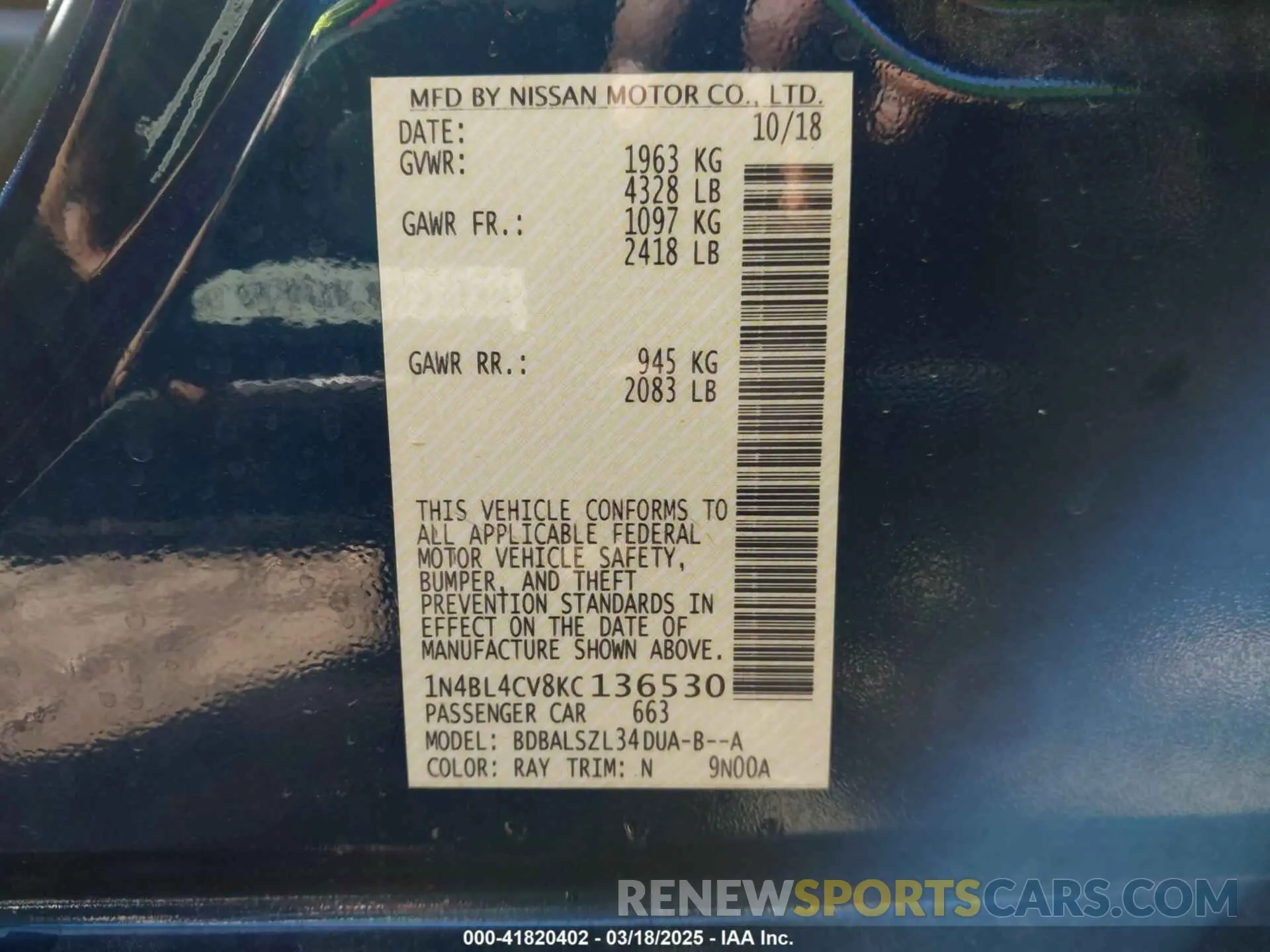 9 fotografías del automóvil dañado 1N4BL4CV8KC136530 NISSAN ALTIMA 2019