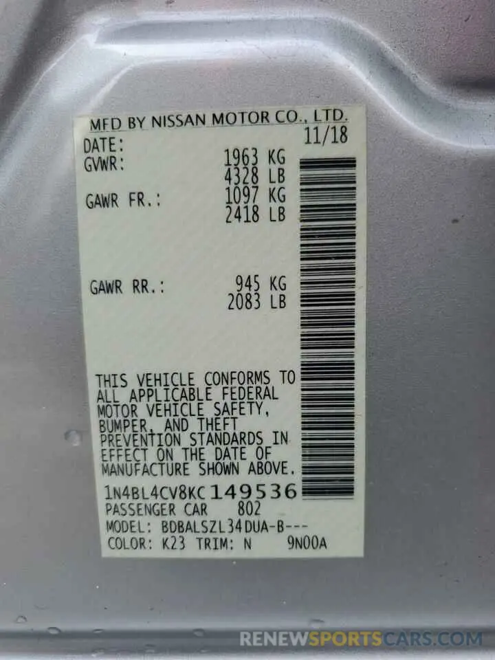 12 fotografías del automóvil dañado 1N4BL4CV8KC149536 NISSAN ALTIMA 2019