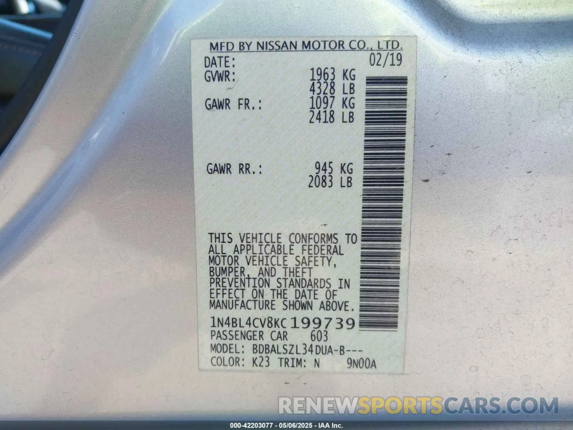 9 fotografías del automóvil dañado 1N4BL4CV8KC199739 NISSAN ALTIMA 2019