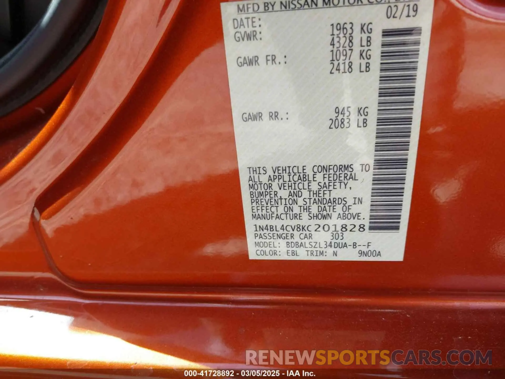 9 fotografías del automóvil dañado 1N4BL4CV8KC201828 NISSAN ALTIMA 2019