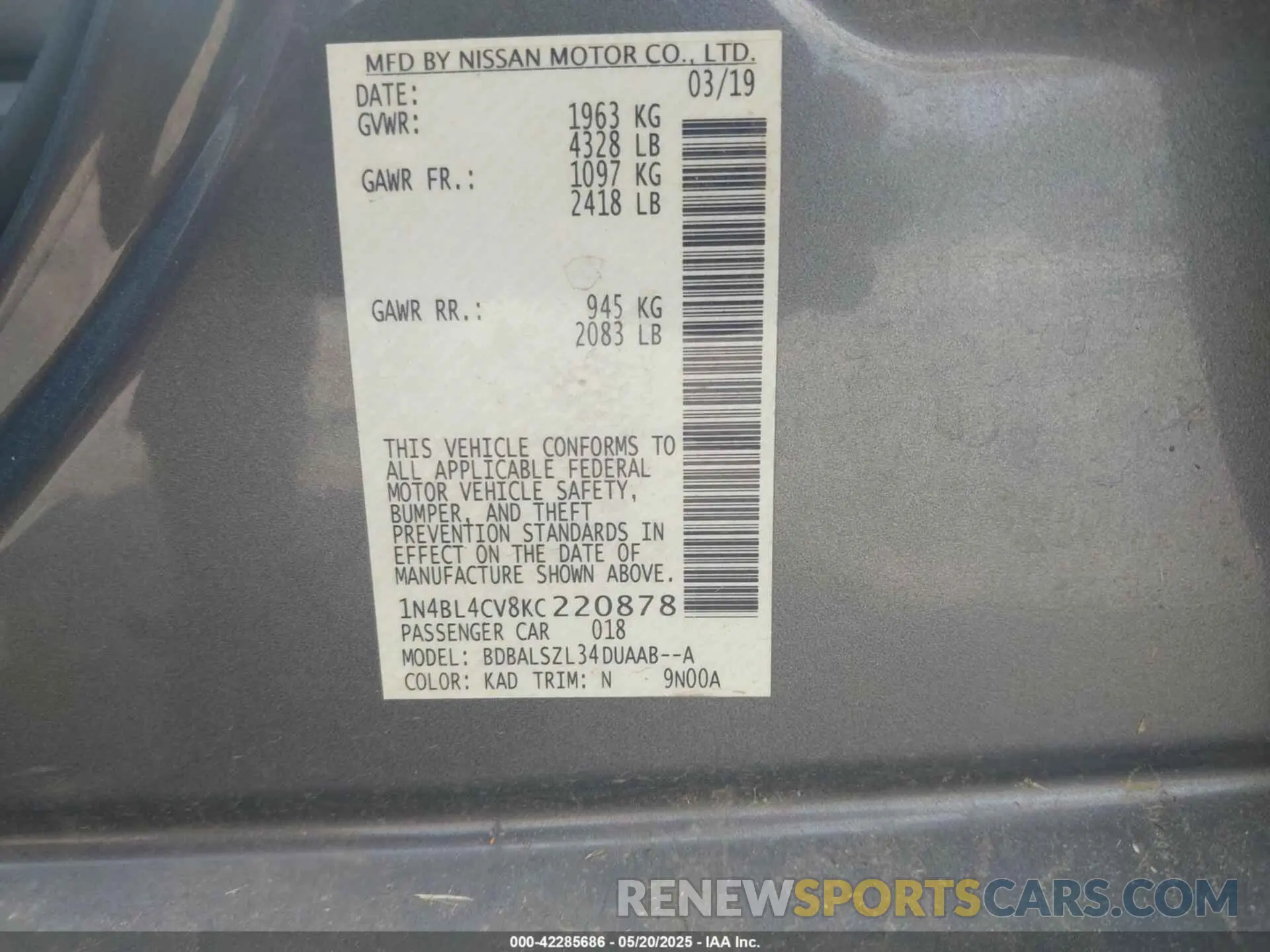9 fotografías del automóvil dañado 1N4BL4CV8KC220878 NISSAN ALTIMA 2019