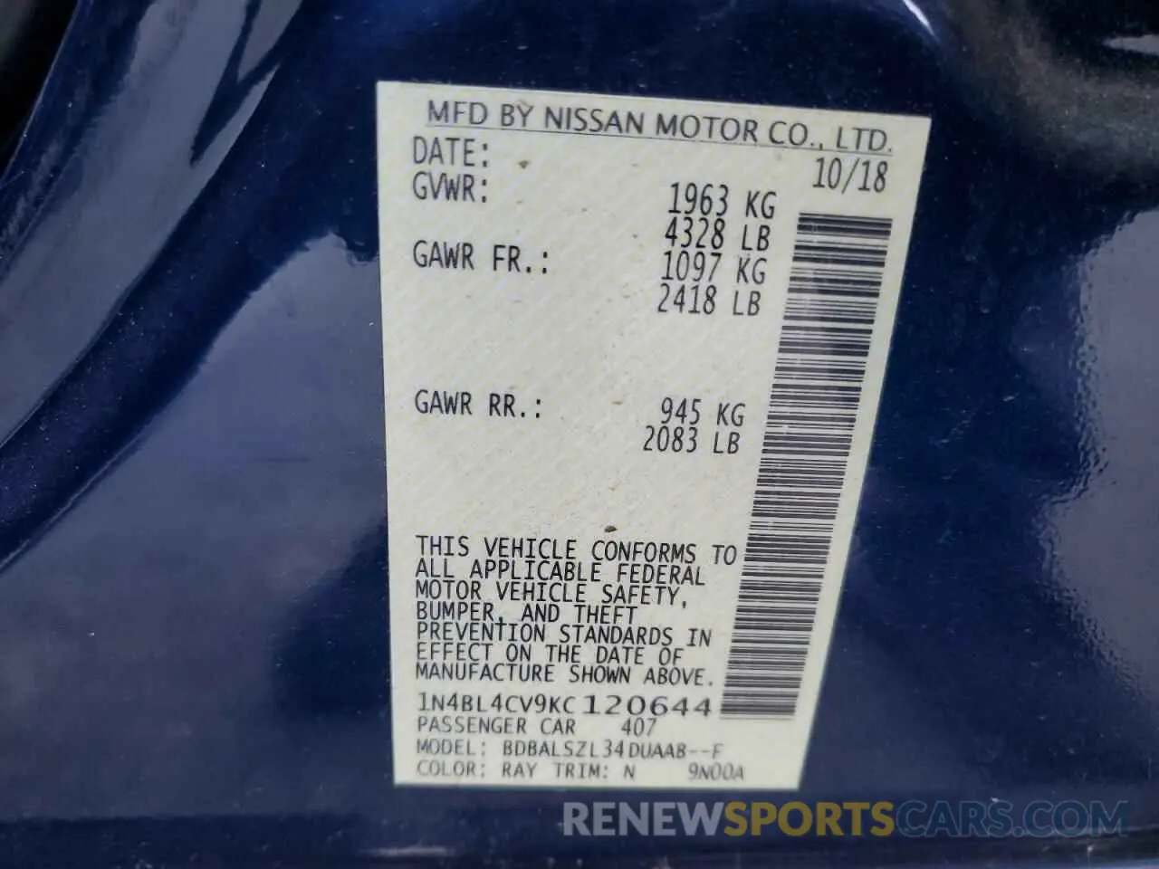 12 fotografías del automóvil dañado 1N4BL4CV9KC120644 NISSAN ALTIMA 2019