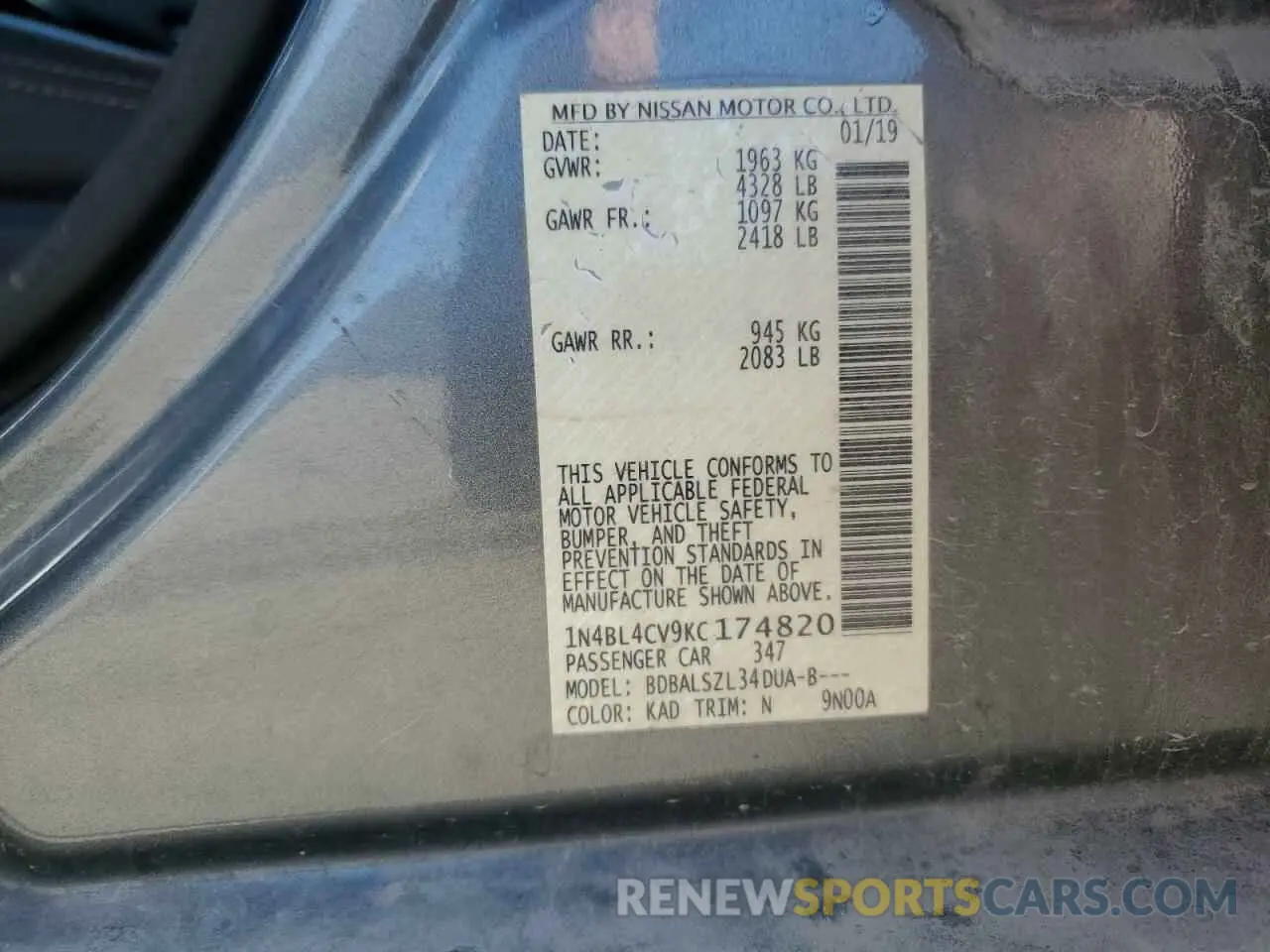 13 fotografías del automóvil dañado 1N4BL4CV9KC174820 NISSAN ALTIMA 2019