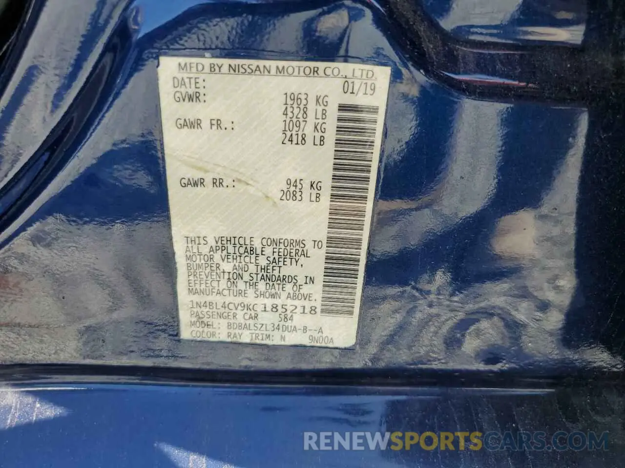 13 fotografías del automóvil dañado 1N4BL4CV9KC185218 NISSAN ALTIMA 2019