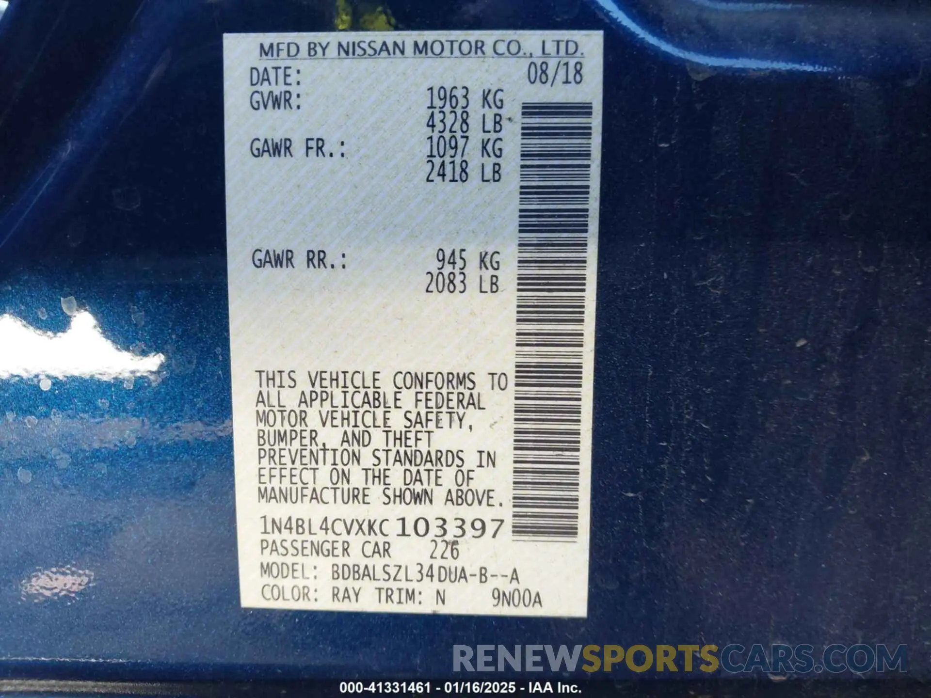 9 fotografías del automóvil dañado 1N4BL4CVXKC103397 NISSAN ALTIMA 2019