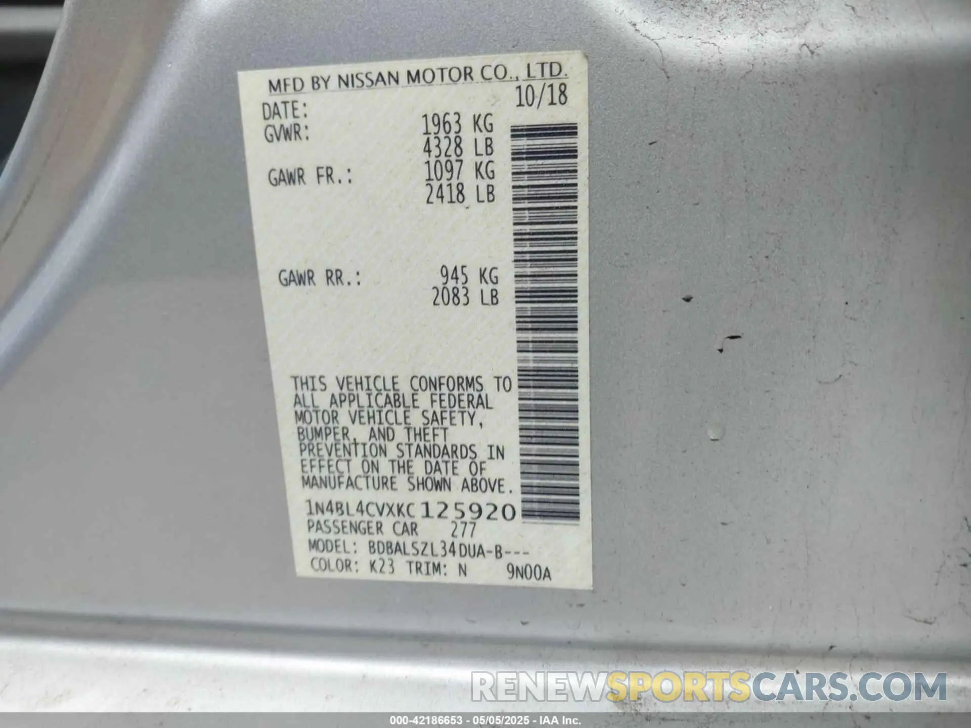 9 fotografías del automóvil dañado 1N4BL4CVXKC125920 NISSAN ALTIMA 2019