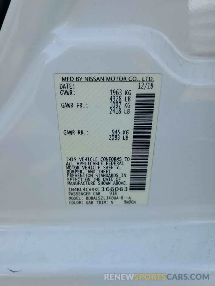 12 fotografías del automóvil dañado 1N4BL4CVXKC166063 NISSAN ALTIMA 2019