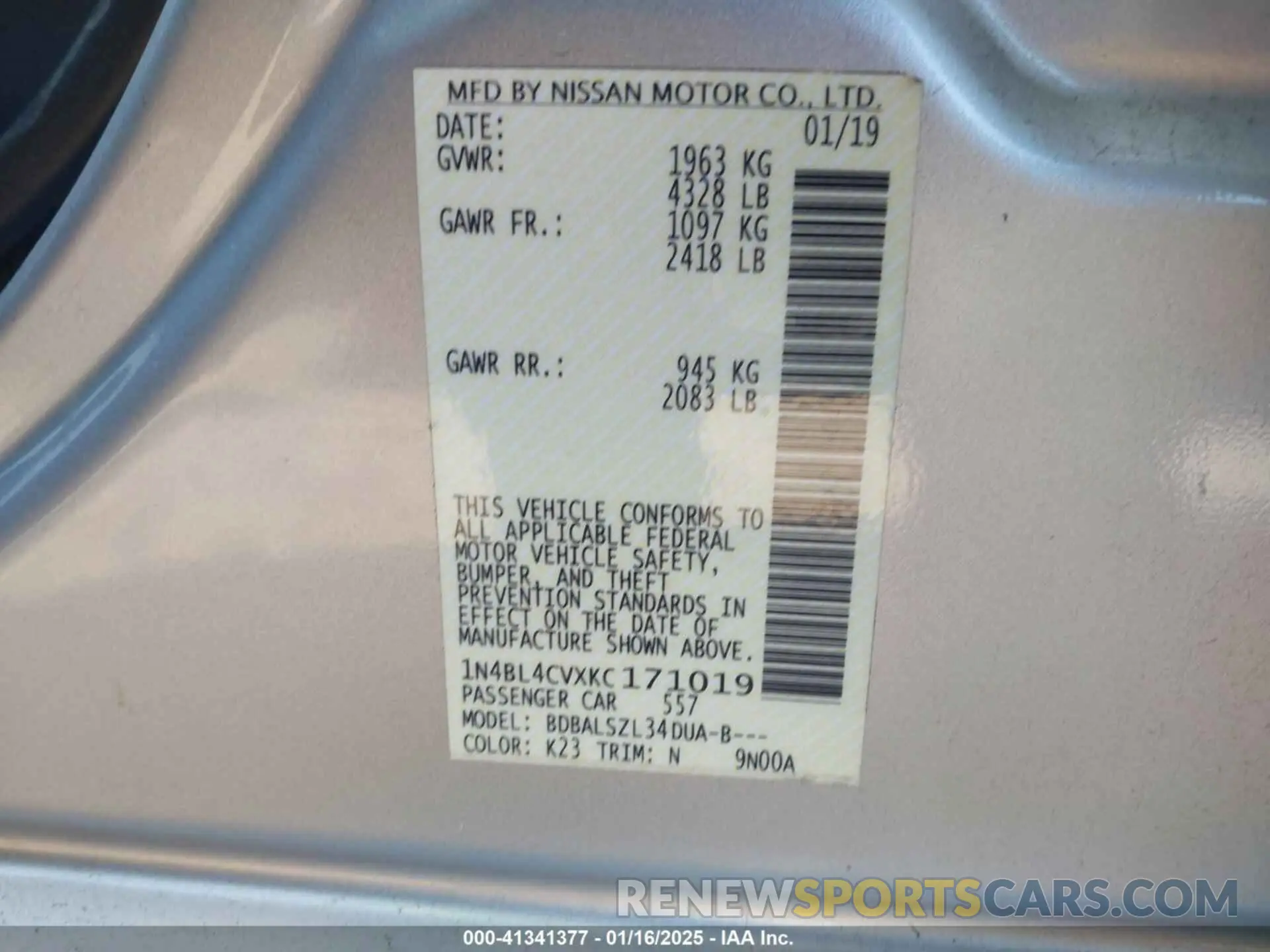 9 fotografías del automóvil dañado 1N4BL4CVXKC171019 NISSAN ALTIMA 2019