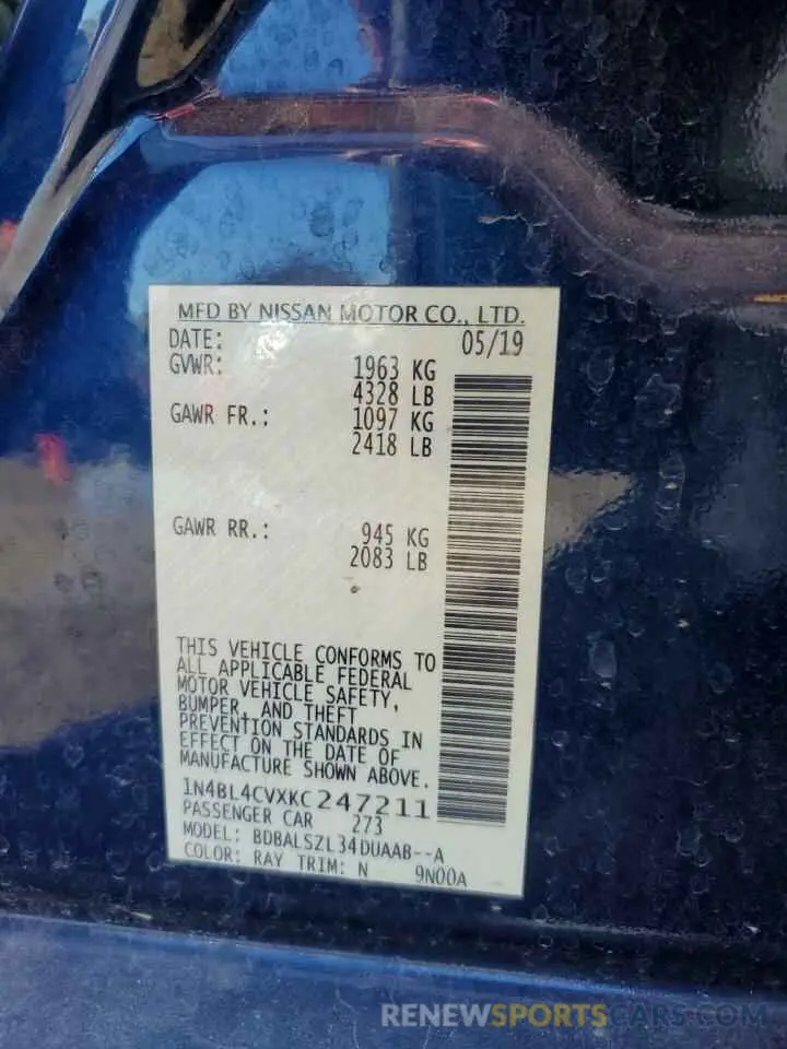 12 fotografías del automóvil dañado 1N4BL4CVXKC247211 NISSAN ALTIMA 2019