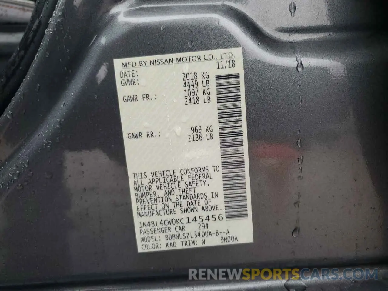 14 fotografías del automóvil dañado 1N4BL4CW0KC145456 NISSAN ALTIMA 2019