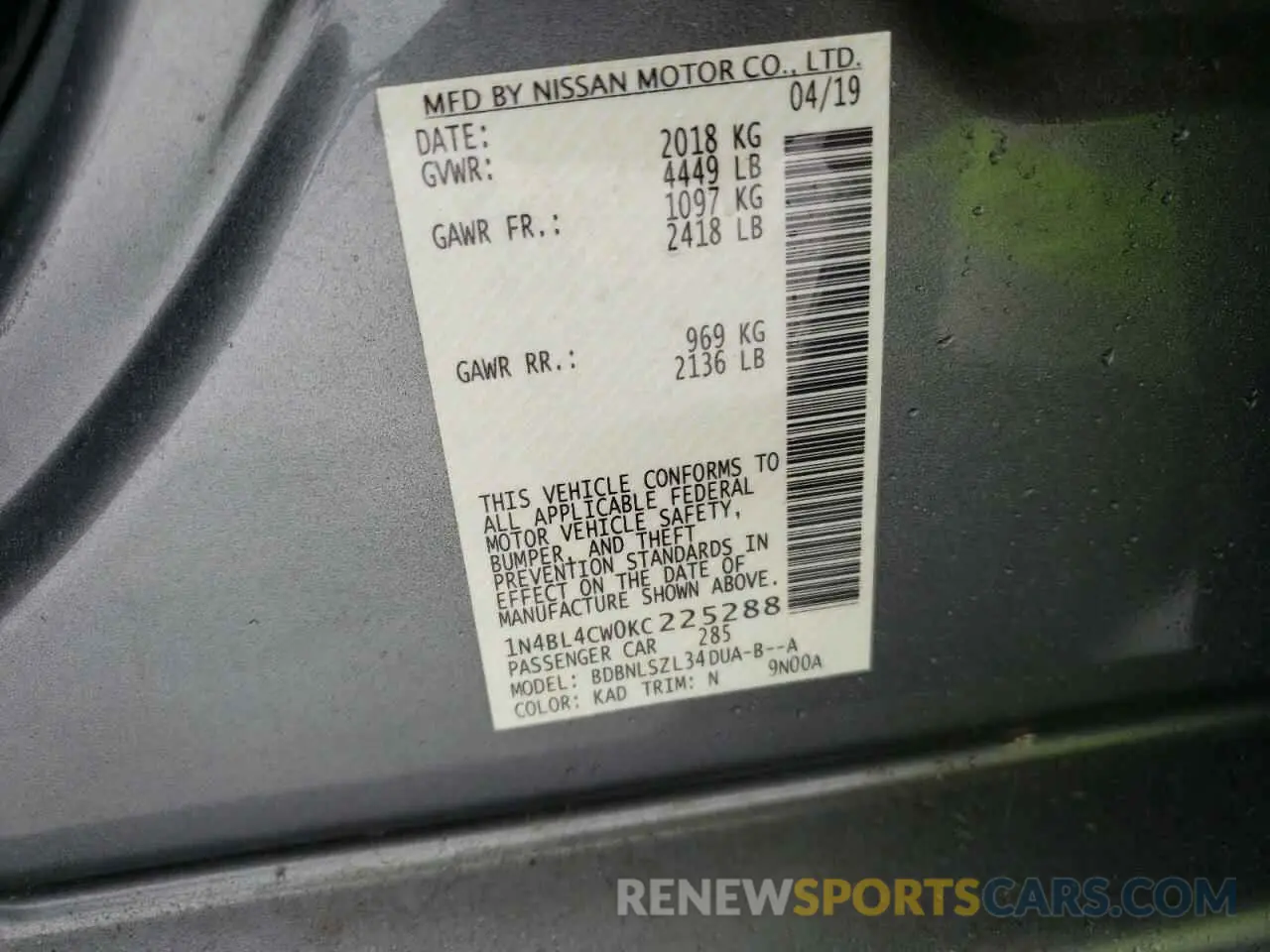 12 fotografías del automóvil dañado 1N4BL4CW0KC225288 NISSAN ALTIMA 2019