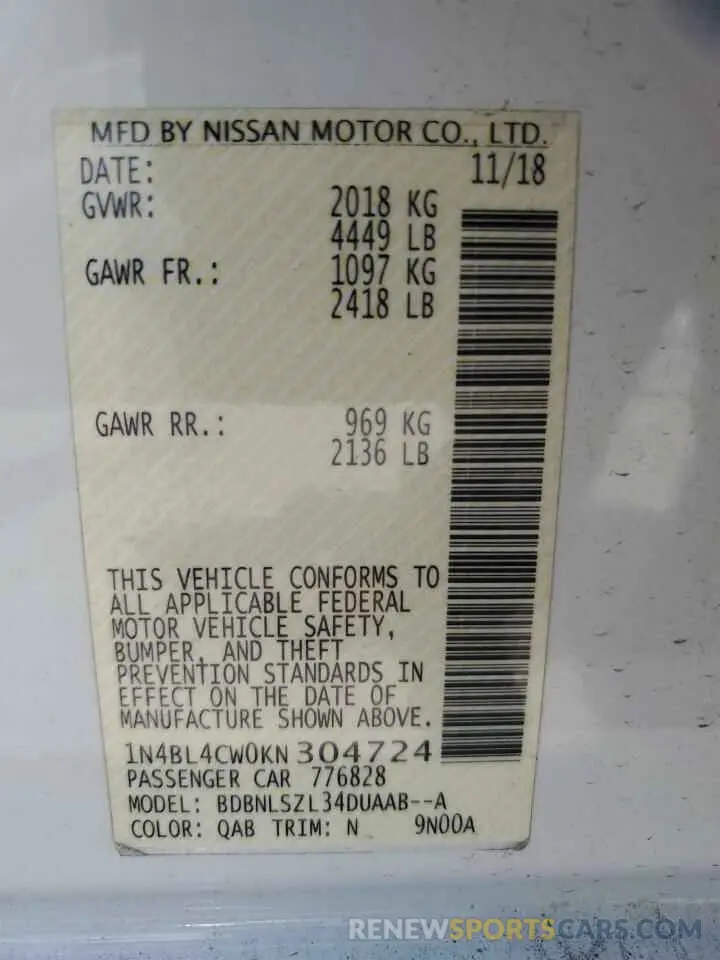 12 fotografías del automóvil dañado 1N4BL4CW0KN304724 NISSAN ALTIMA 2019