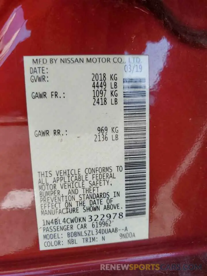 13 fotografías del automóvil dañado 1N4BL4CW0KN322978 NISSAN ALTIMA 2019