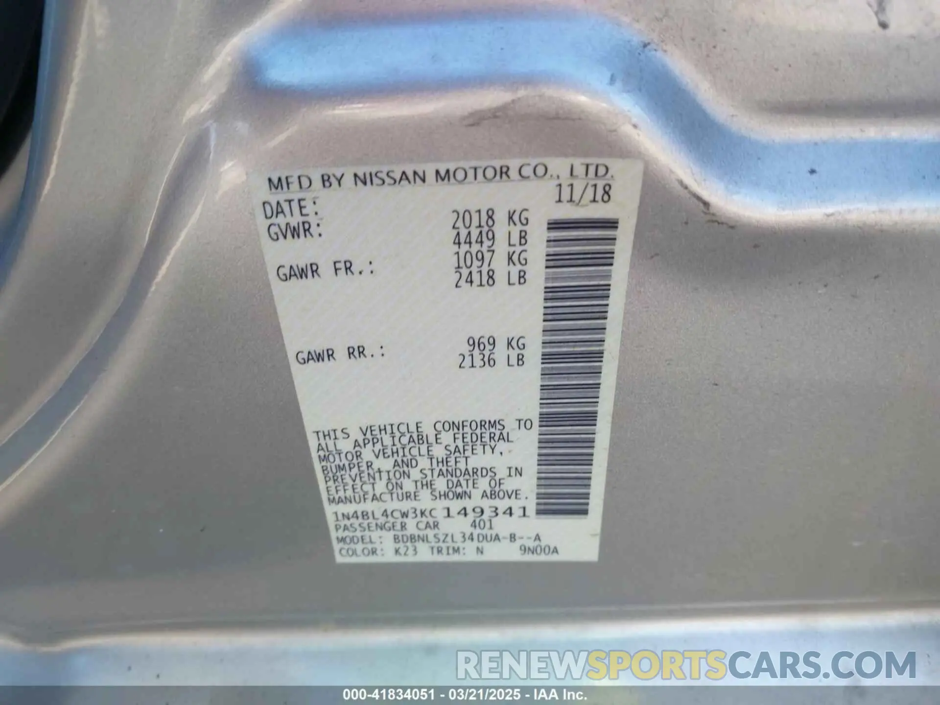 9 fotografías del automóvil dañado 1N4BL4CW3KC149341 NISSAN ALTIMA 2019